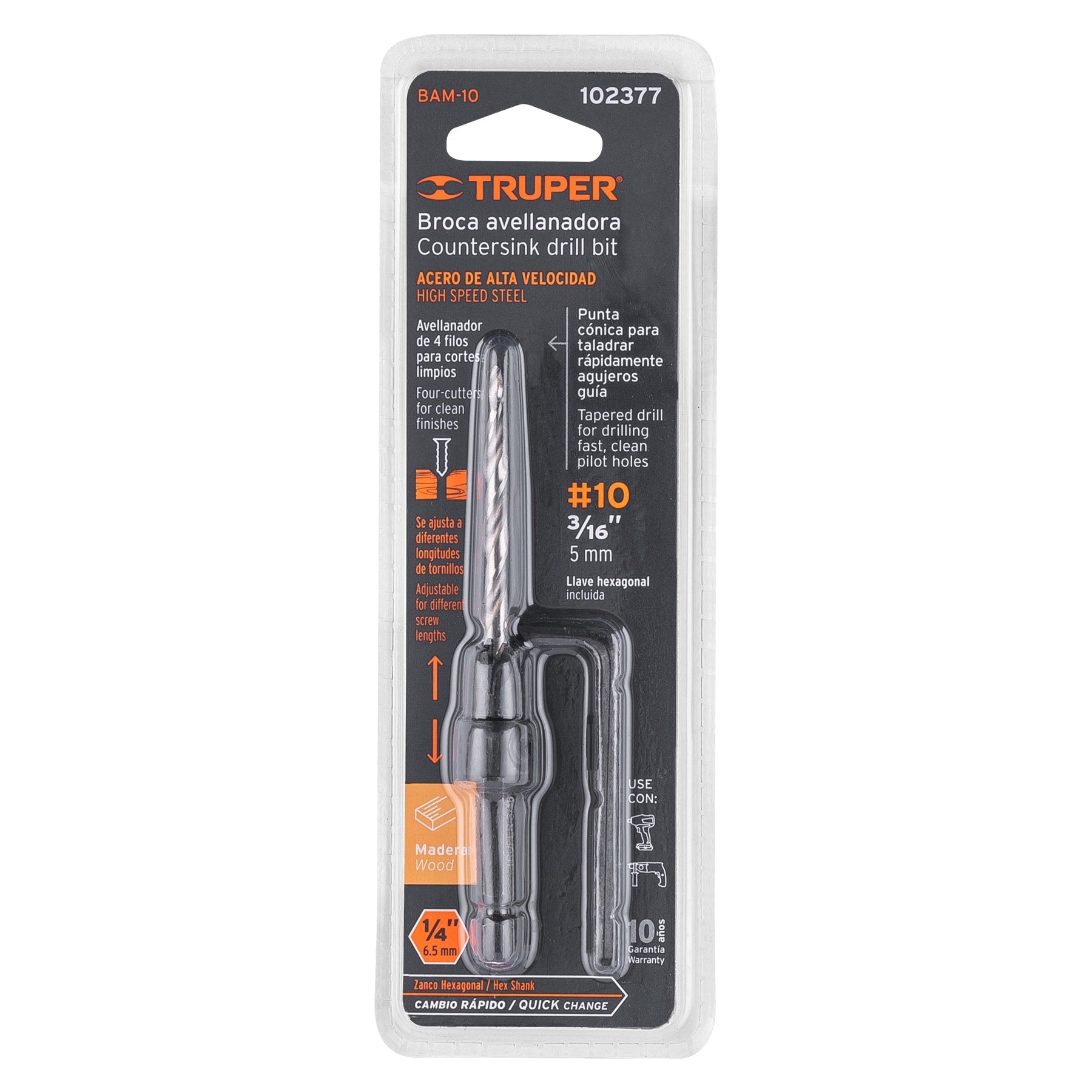 Truper BAM-10, Broca avellanadora #10 para madera, 3/16″