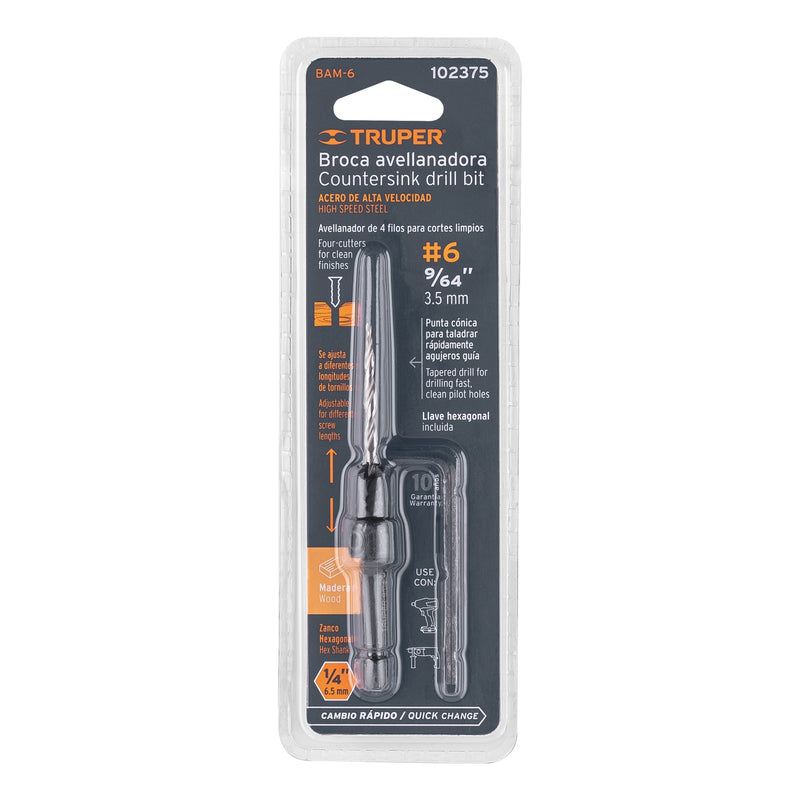 Broca Avellanadora TRUPER BAM-6 #6 (9/64") para Madera con Tope y Llave Allen - Carzamo.com