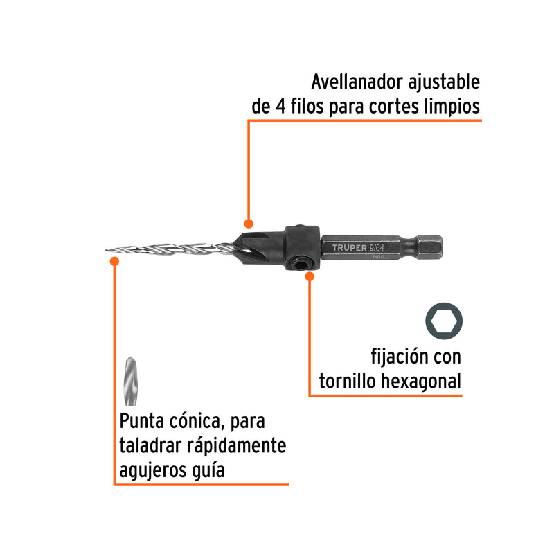 Broca Avellanadora TRUPER BAM-6 #6 (9/64") para Madera con Tope y Llave Allen - Carzamo.com