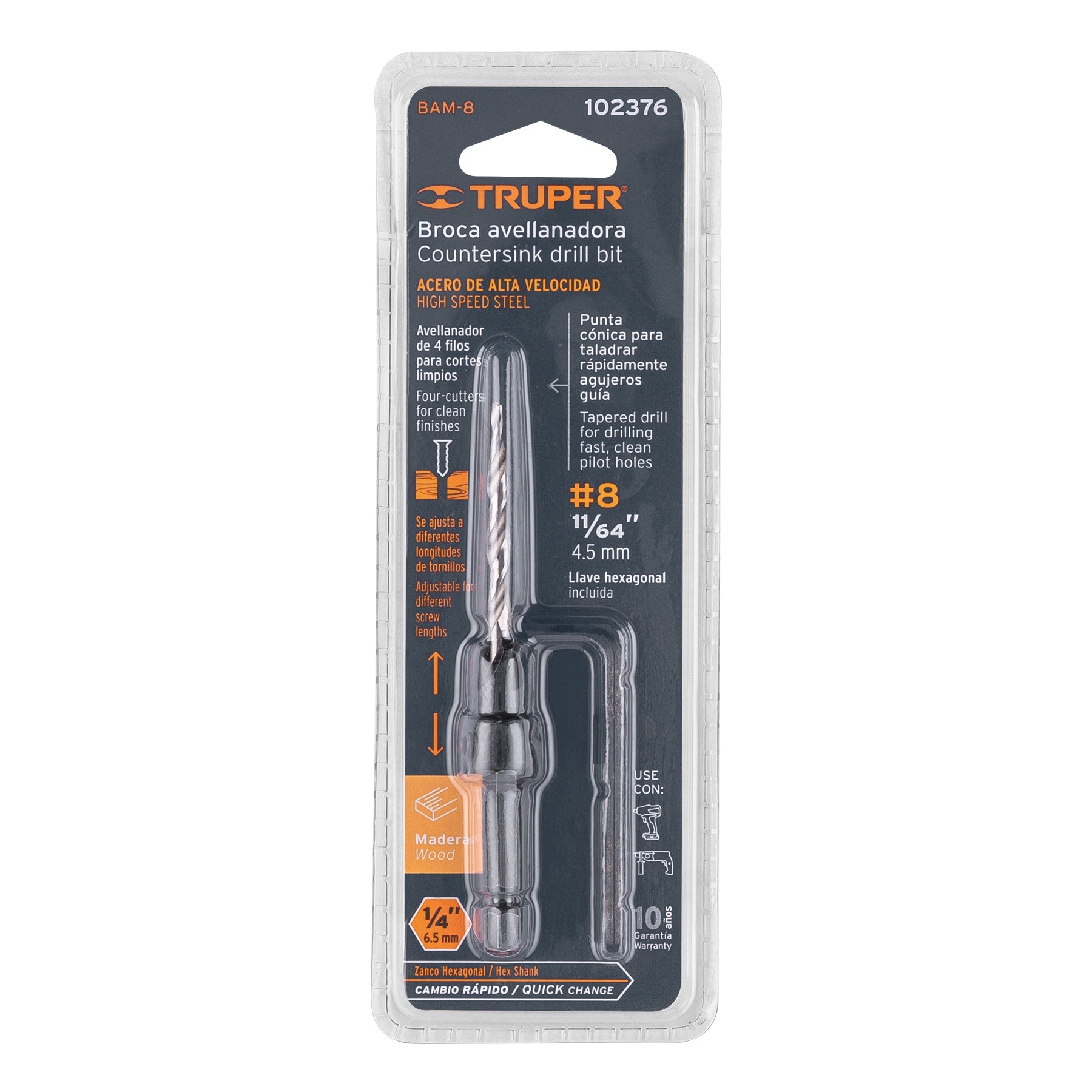 Truper BAM-8, Broca avellanadora #8 para madera, 11/64″