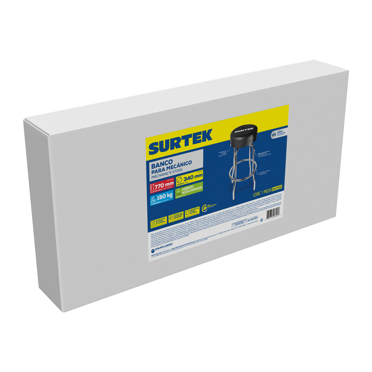Banco para mecánico acolchonado color negro, 77 cm Surtek