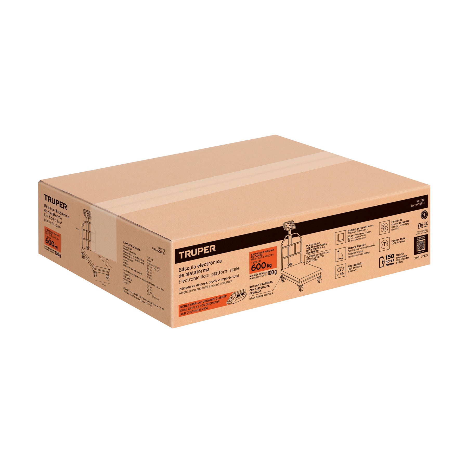 Báscula electrónica de plataforma, 600 kg, inoxidable TRUPER