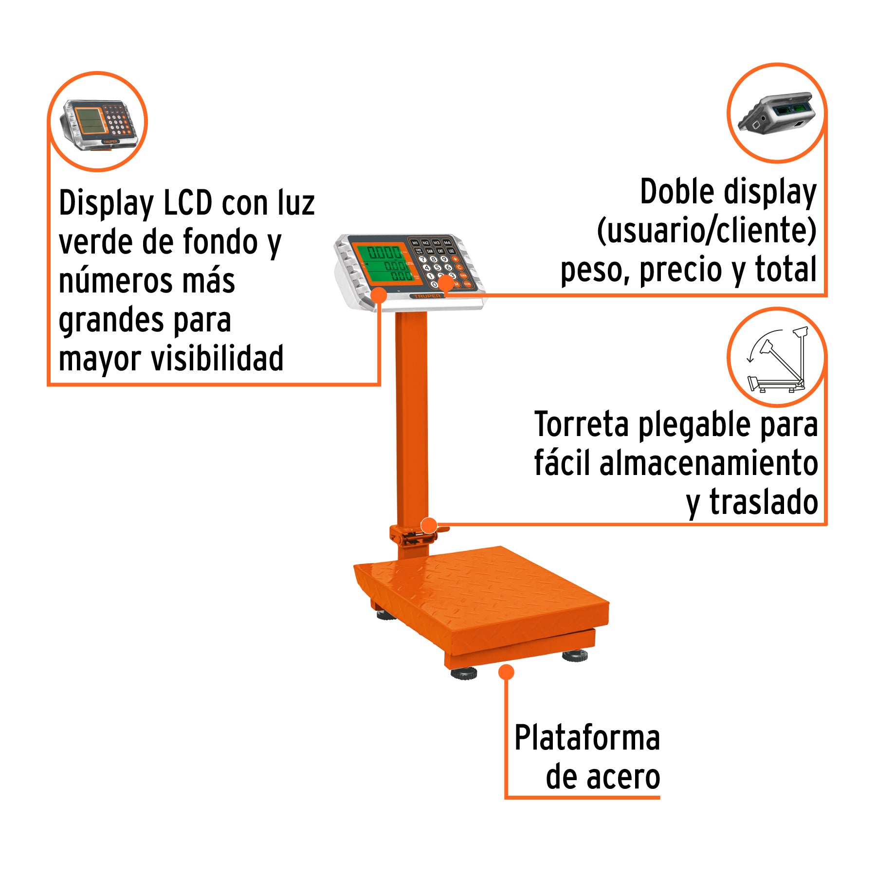 Báscula electrónica de plataforma p/mostrador, 80 kg, TRUPER