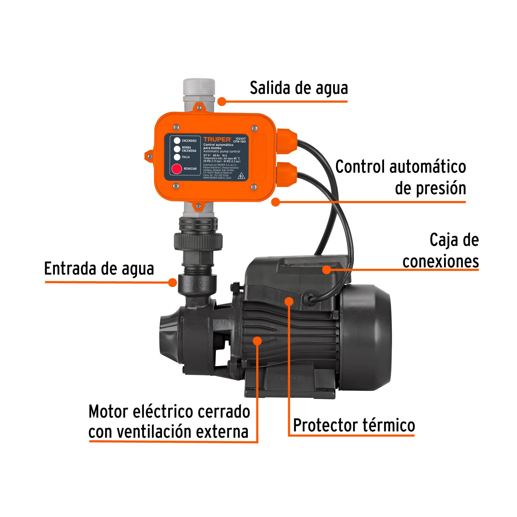 Bomba periférica 1/2HP, control auto, uso agrícola, TRUPER BOAP-1/2A2C