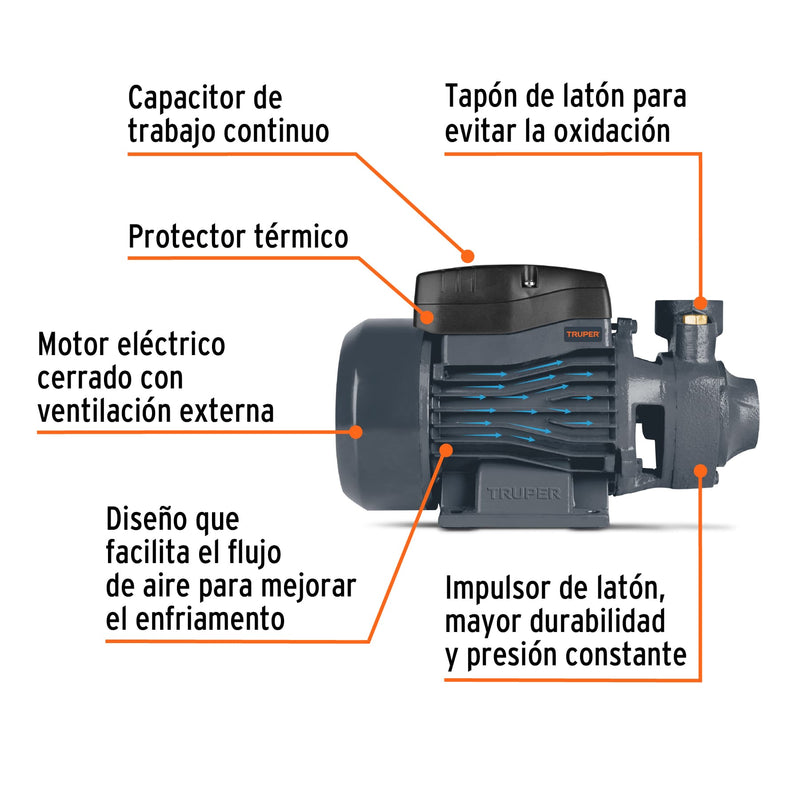Truper BOAP-1/2A2, Bomba Eléctrica Periférica para Agua 1/2 Hp uso agrícola - Carzamo.com