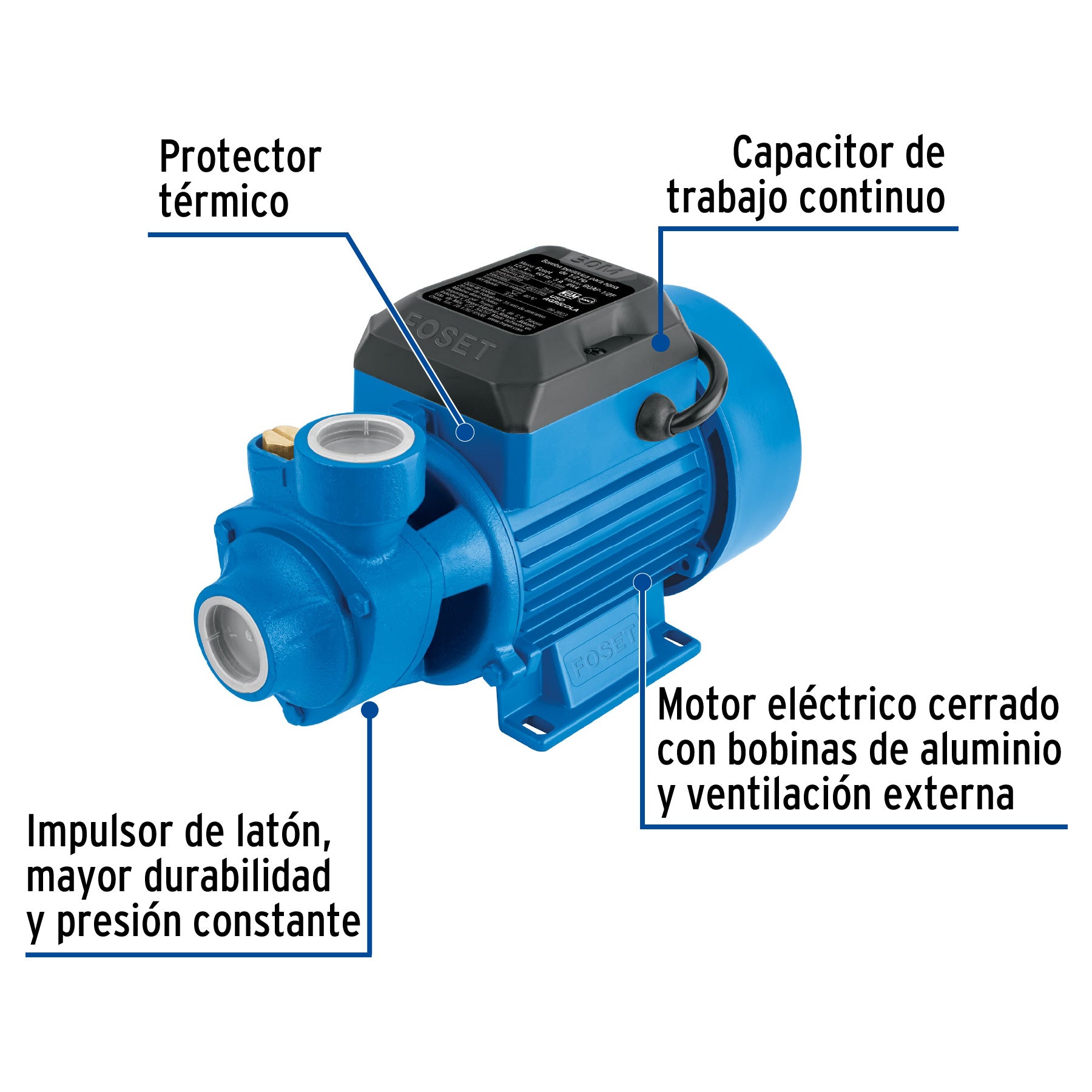 Bomba periférica 1/2HP, altura máx 30m, uso agrícola, FOSET BOAP-1/2F2