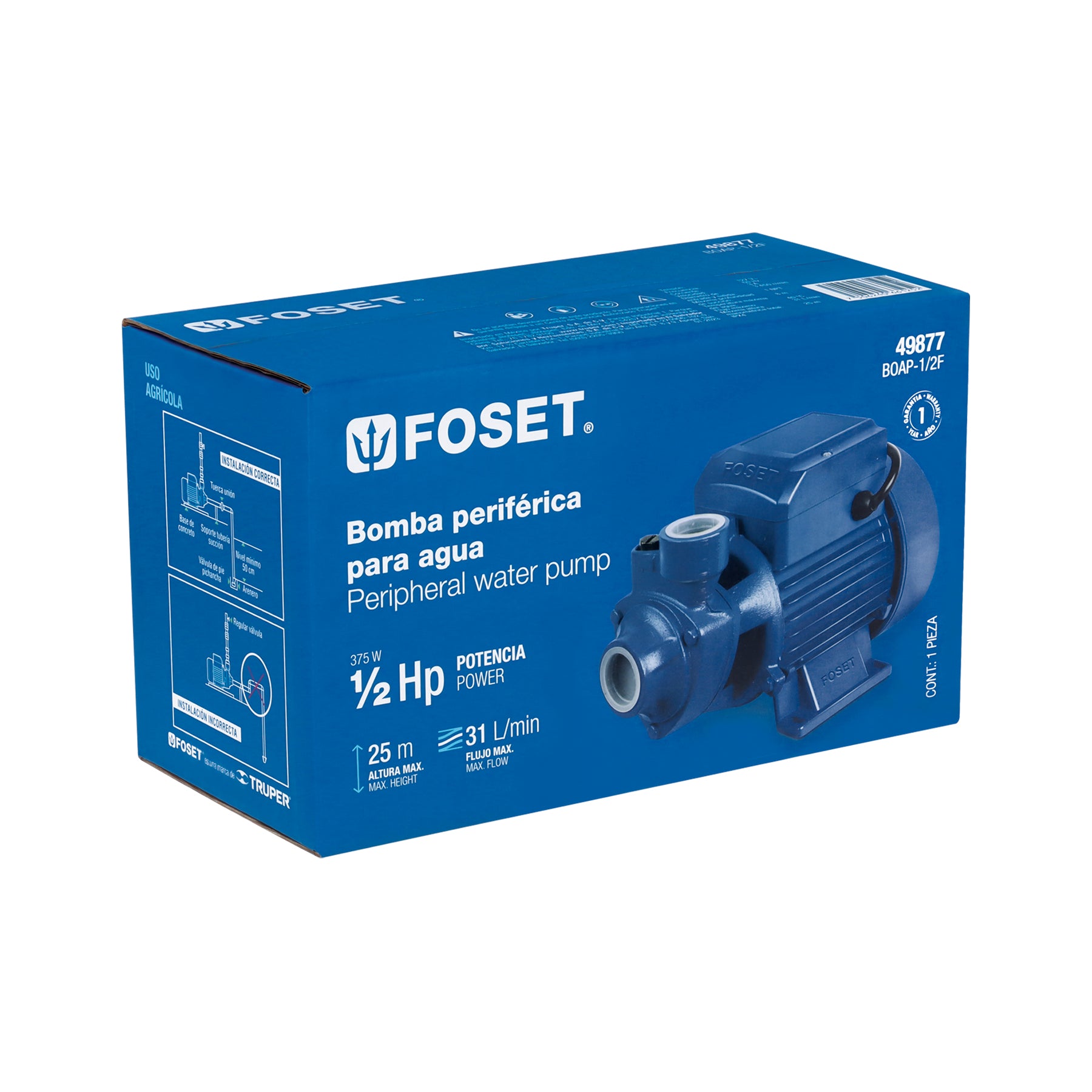 Foset BOAP-1/2F, Bomba eléctrica periférica para agua 1/2 HP uso agrícola