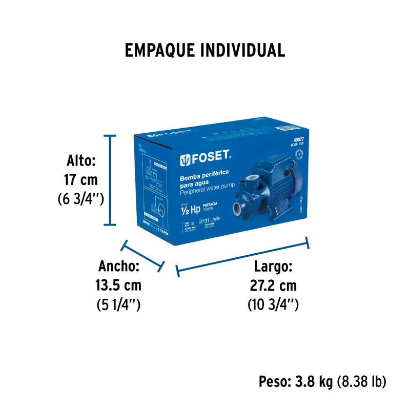 Foset BOAP-1/2F, Bomba eléctrica periférica para agua 1/2 HP uso agrícola - Carzamo.com