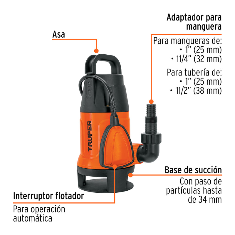 Truper BOS-1SP, Bomba sumergible plástica para agua sucia 1 HP - Carzamo.com
