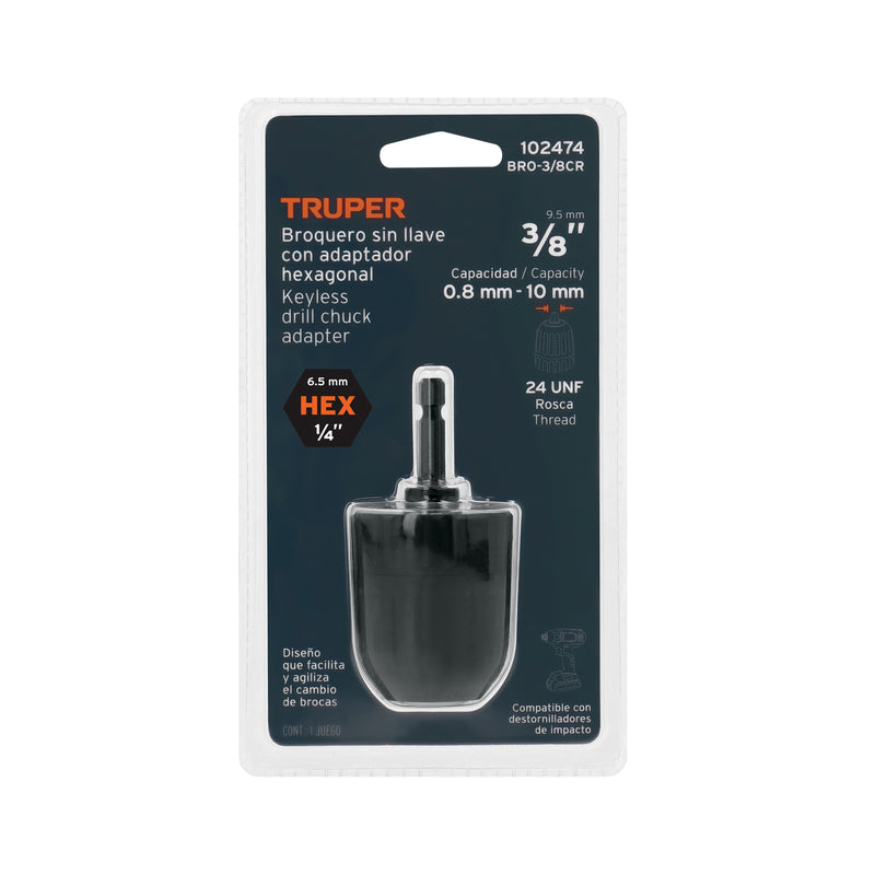 Broquero Truper BRO-3/8CR Cierre Rápido 3/8" con Adaptador Hexagonal 1/4" - Carzamo.com