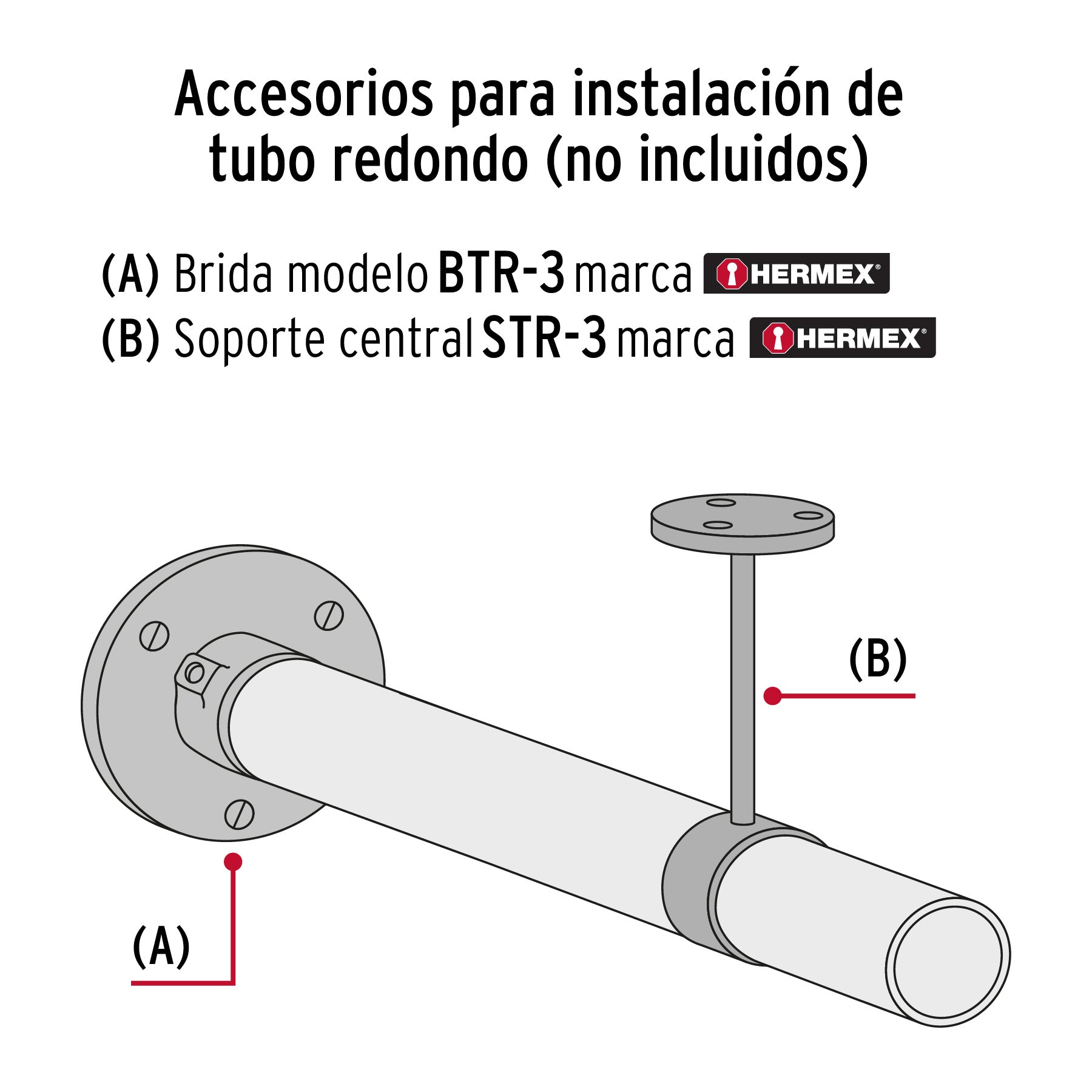 Hermex BTR-3 Brida cromada para tubo redondo de closet, color, pack of/paquete de 1