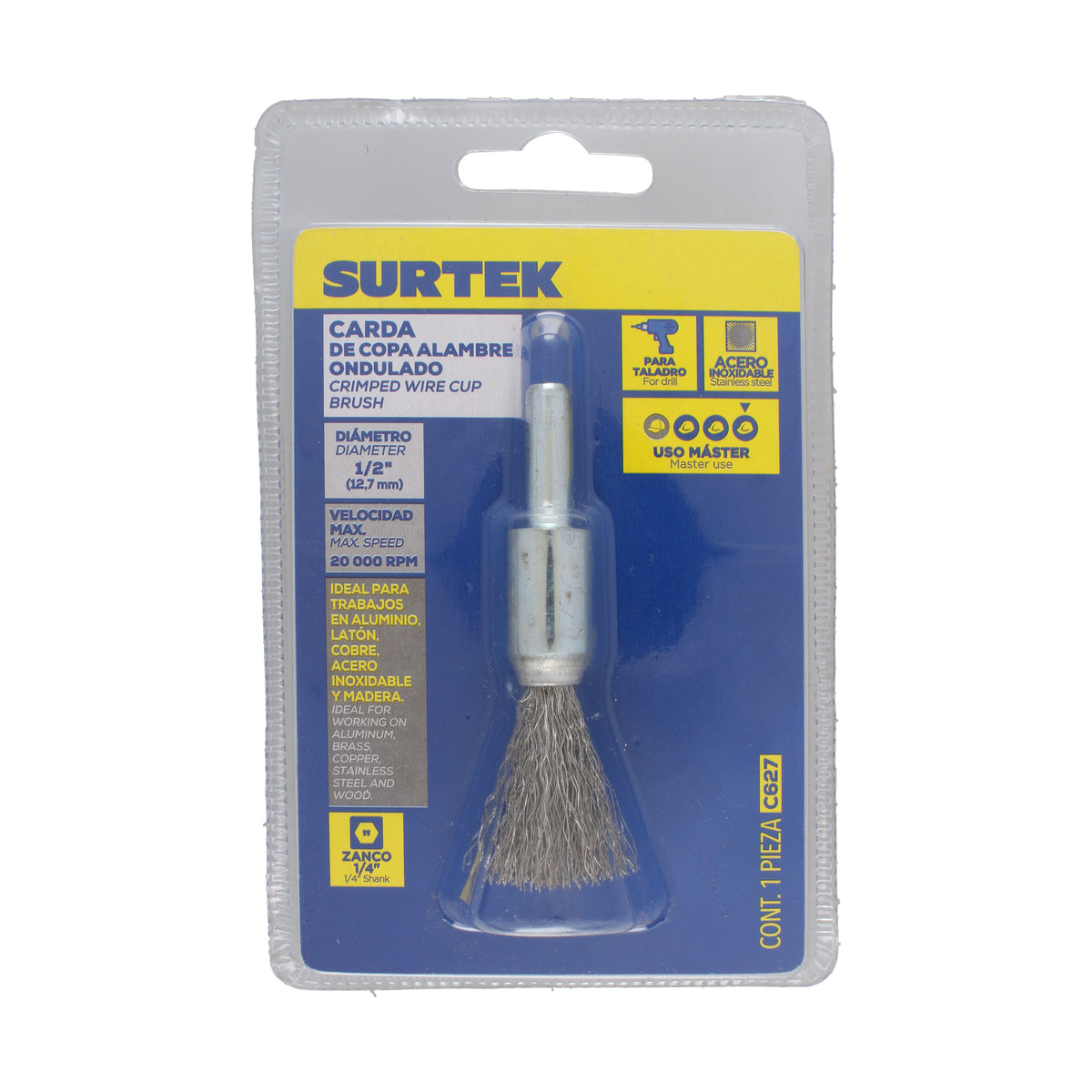 Carda copa ondulada alambre delgado acero inoxidable 1/2" x 0.30 mm con zanco 1/4" Surtek