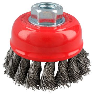 Carda copa trenzada alambre grueso de acero inoxidable 4" x 0.50 mm con rosca M14 Urrea