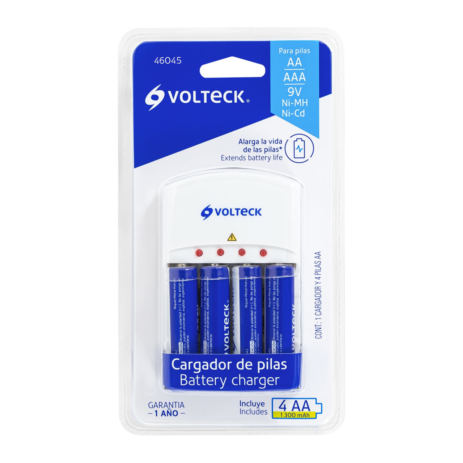 Cargador de Pilas Volteck CA-RE-9 para AA, AAA y 9V con 4 Pilas AA Incluidas