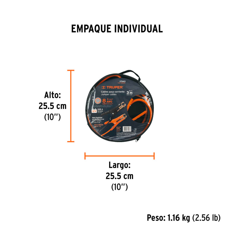 Cables pasa corriente 3 m, 225 A, 8 AWG, con funda, Truper - Carzamo.com