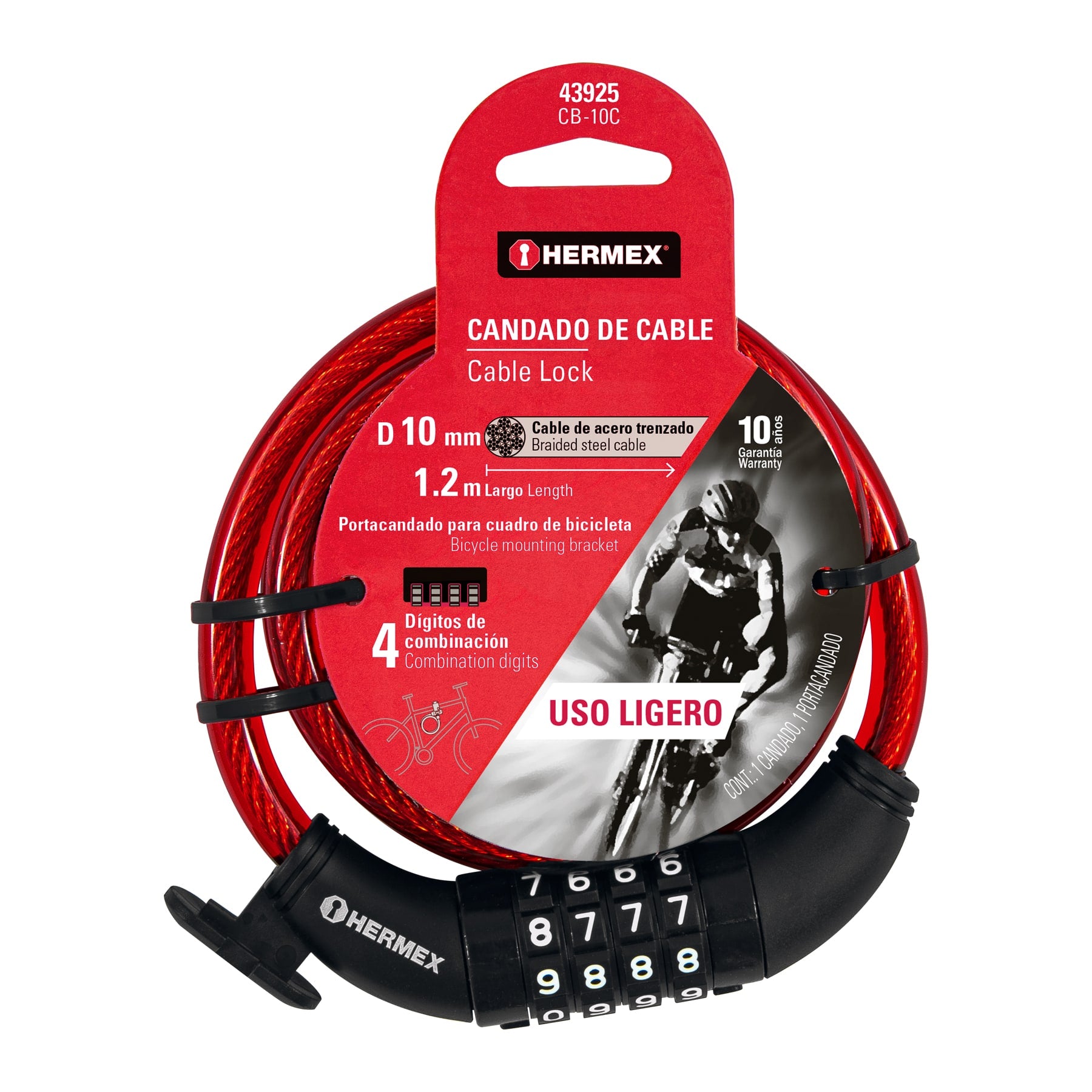 Hermex CB-10C, Candado de cable con combinación, 10 mm X 1.20 m