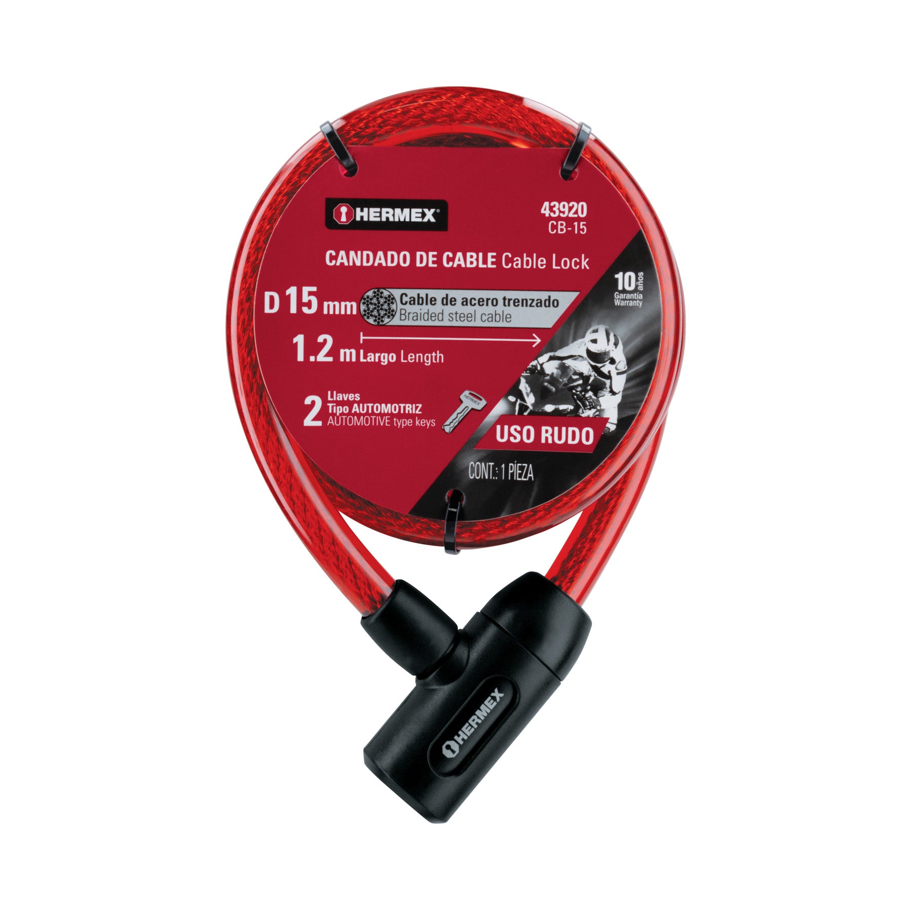 Hermex CB-15, Candado de cable con llave, 15mm X 1.20 m