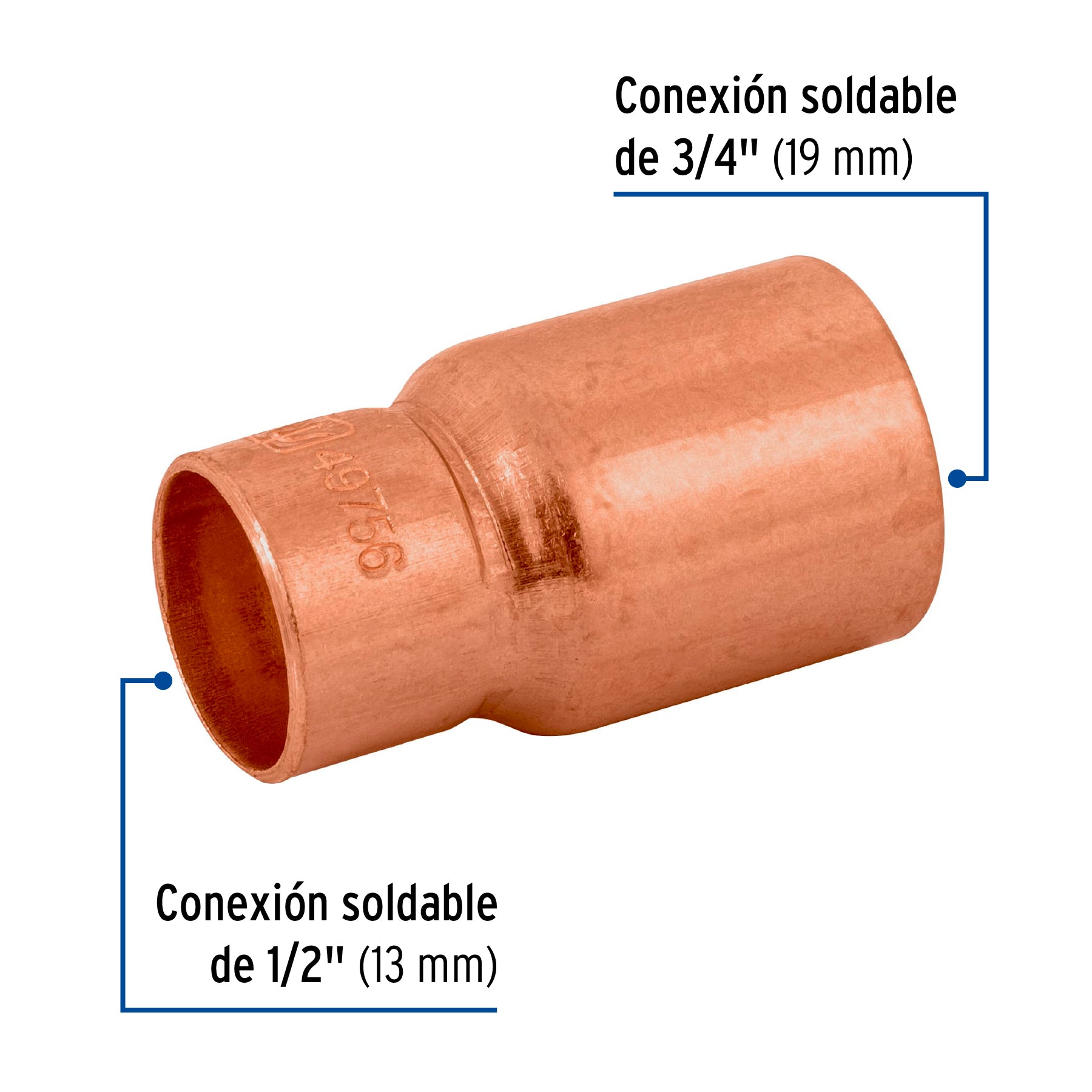 Foset CC-231, Cople reducción bushing de 3/4″ x 1/2″, cobre a cobre