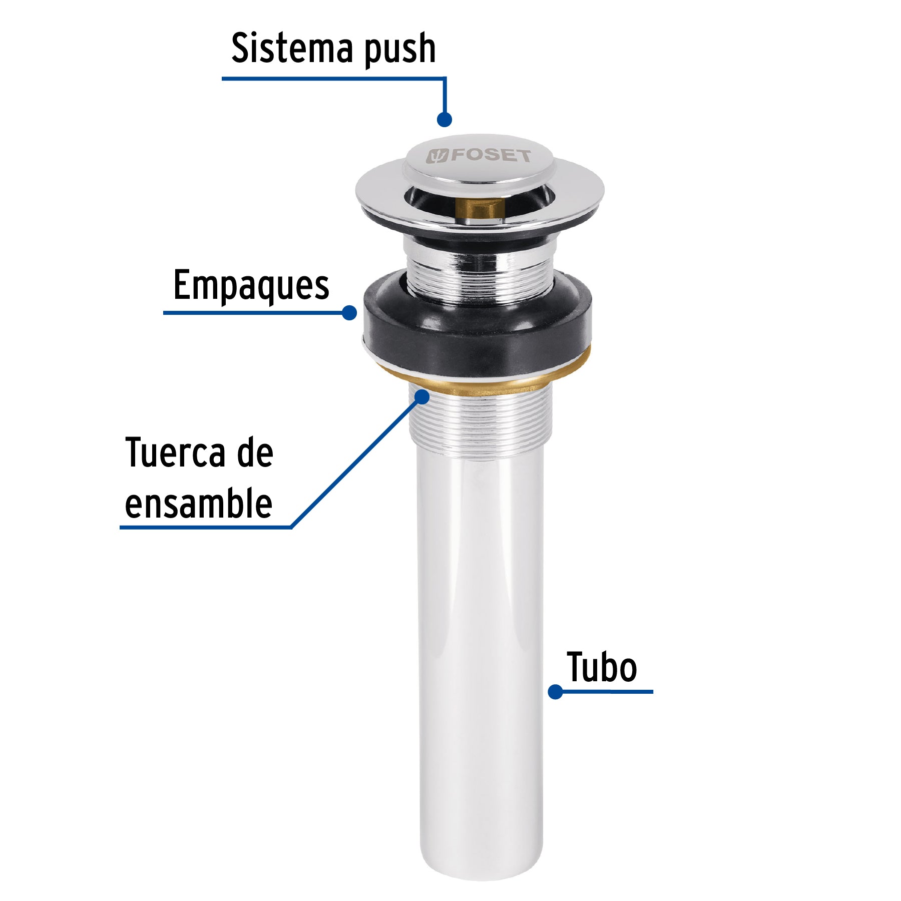 Foset CE-206S, Contra para lavabo sin rebosadero sistema push color cromo 1-1/4″