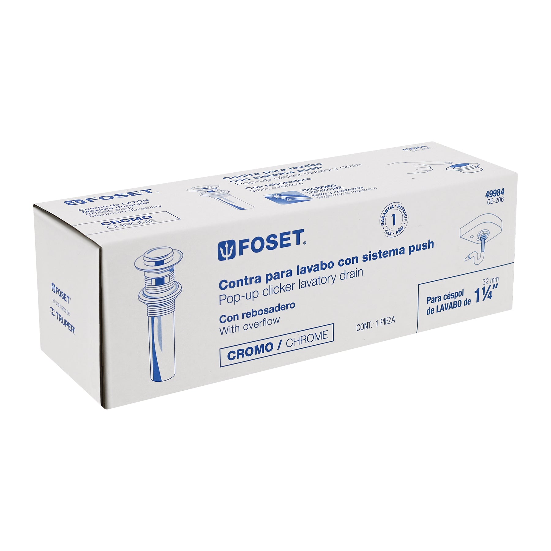 Foset CE-206, Contra para lavabo, sistema push, acabado cromo