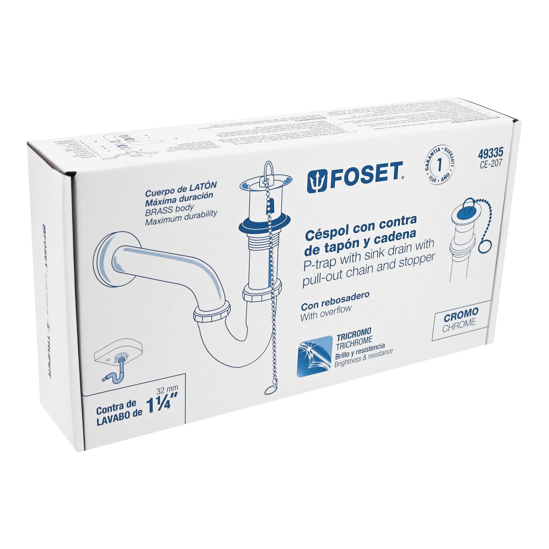 Foset CE-207, Céspol p/lavabo latón c/contra, tapón y cadena, cromo, 1-1/4″