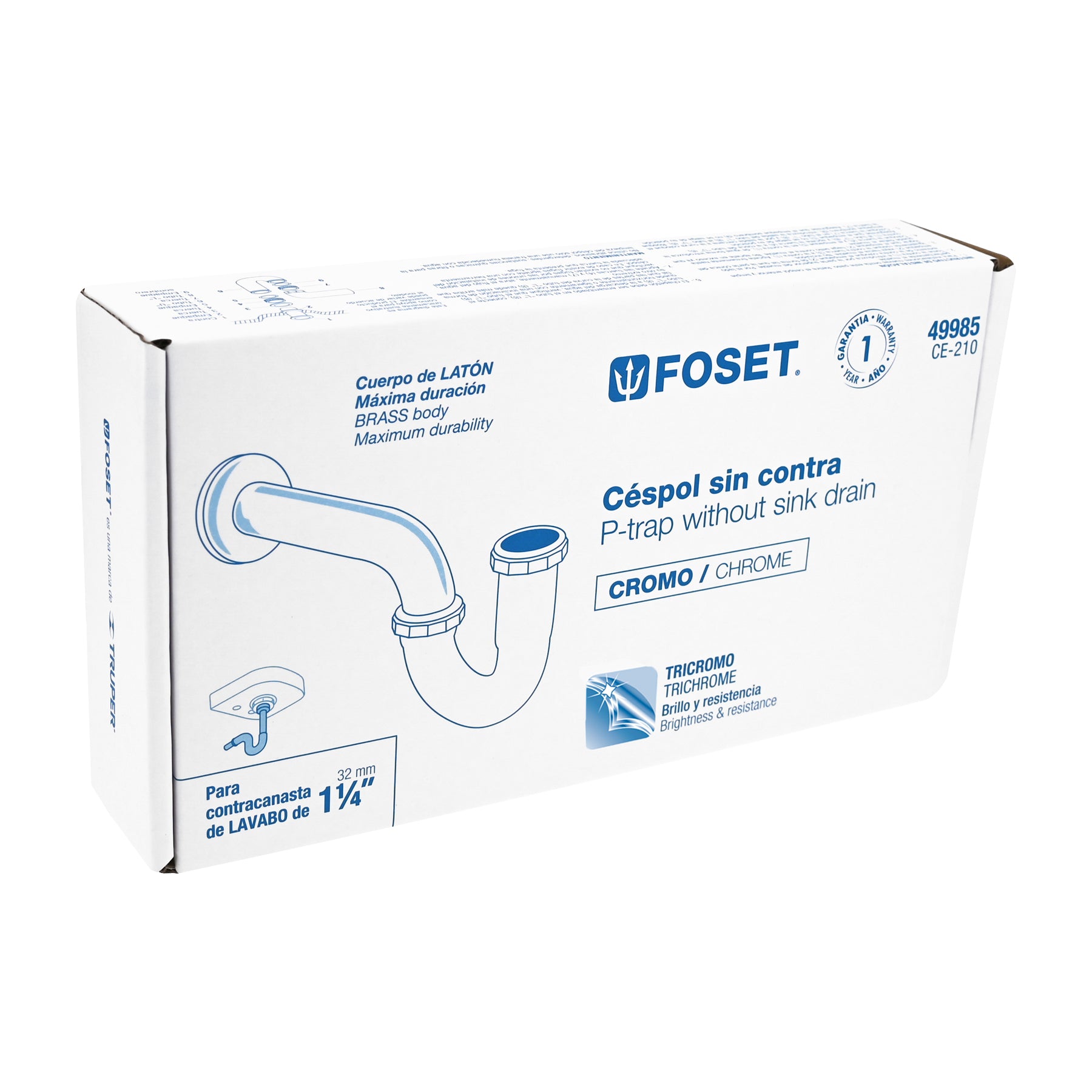 Foset CE-210, Céspol sin contra para lavabo de 1 1/4″, de latón cromado