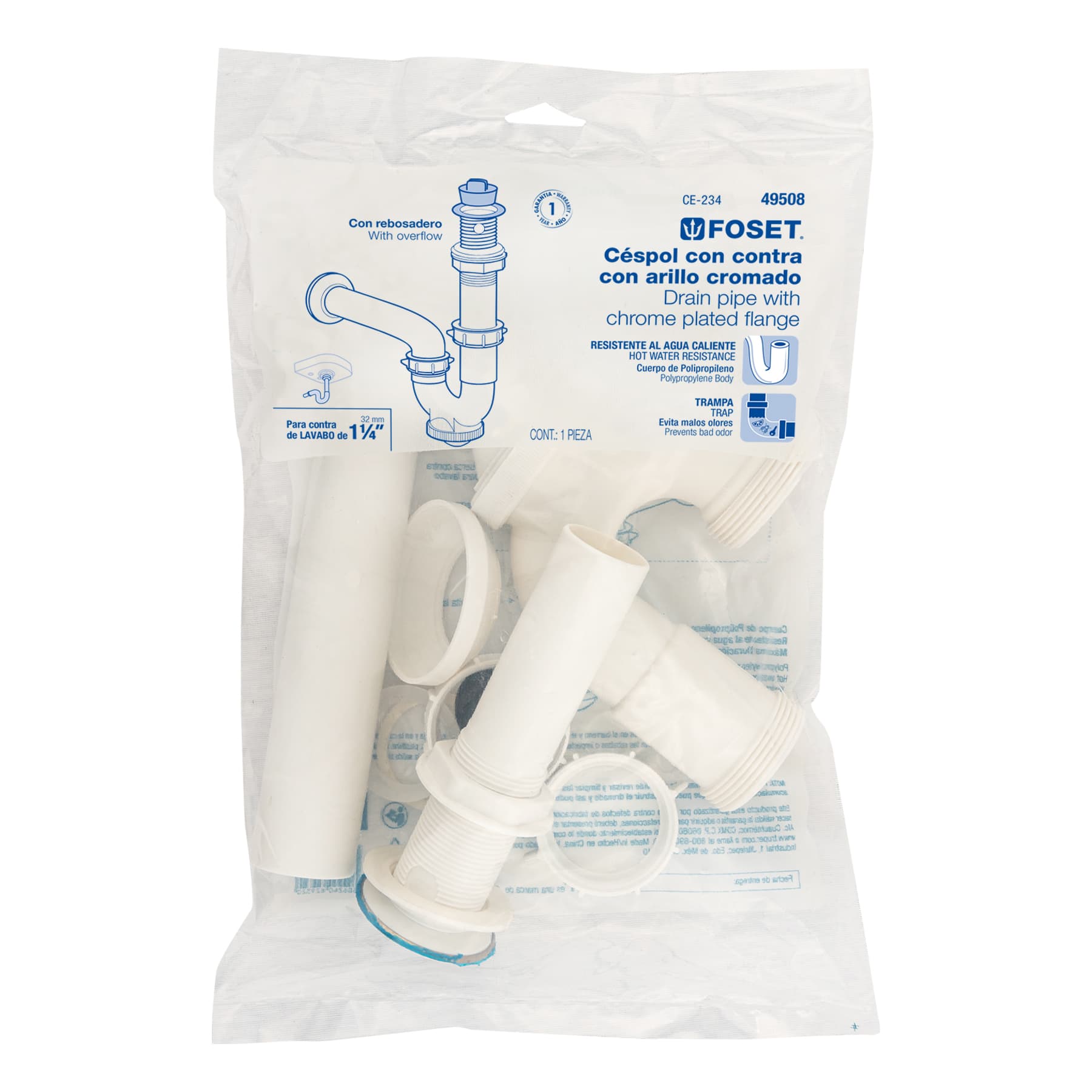 Foset CE-234, Céspol de polipropileno para lavabo de 1 1/4″ con cubierta cromada