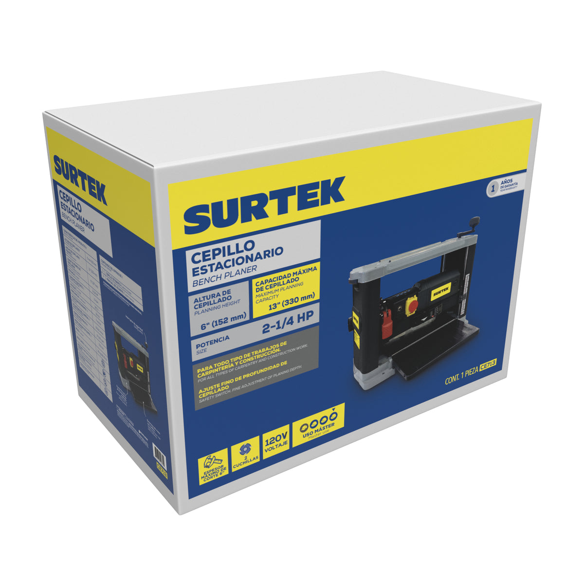Cepillo estacionario 13" 2-1/2 HP, 1800 W, 120 V, 9300 RPM 1 fase Surtek