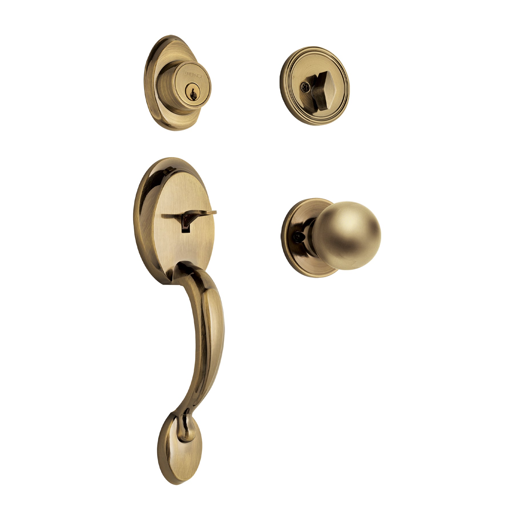 Hermex CEP-21PJP, Jaladera, perilla y cerrojo mariposa acabado latón antiguo