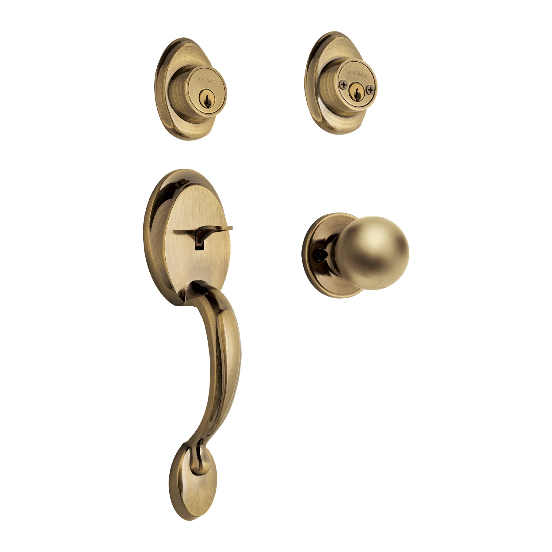 Hermex CEP-22PJP, Jaladera, perilla y cerrojo llave color latón antiguo