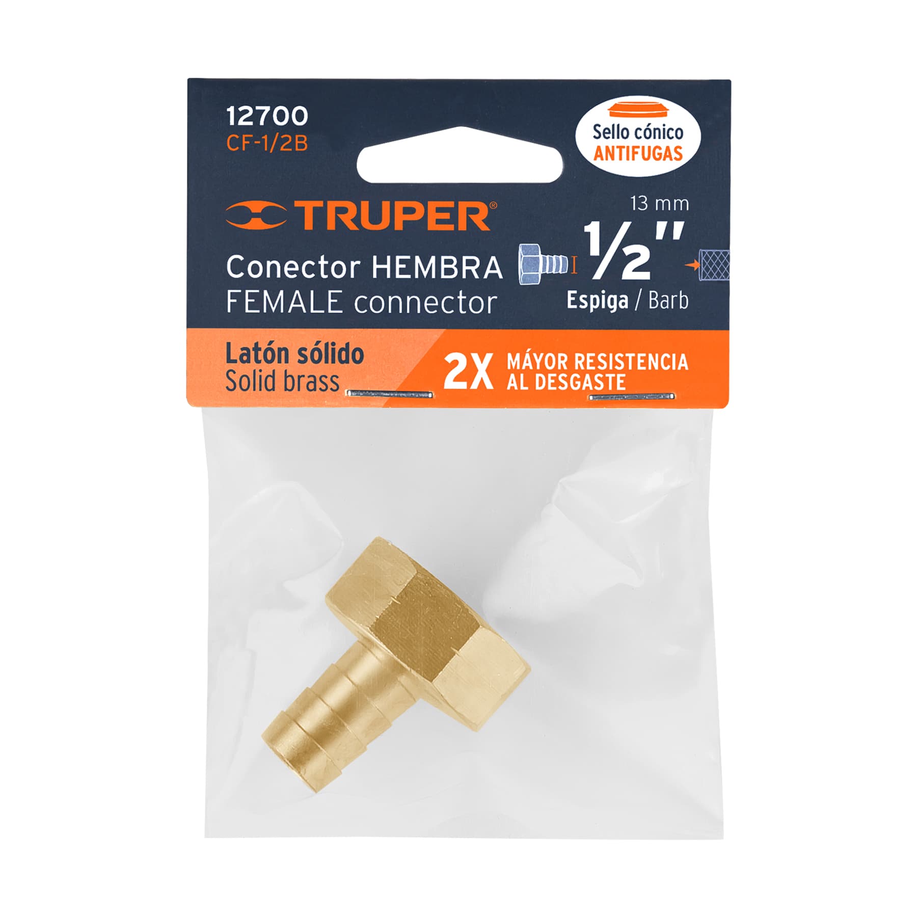 Truper CF-1/2B, Conector sencillo 1/2″, hembra, de latón maquinado