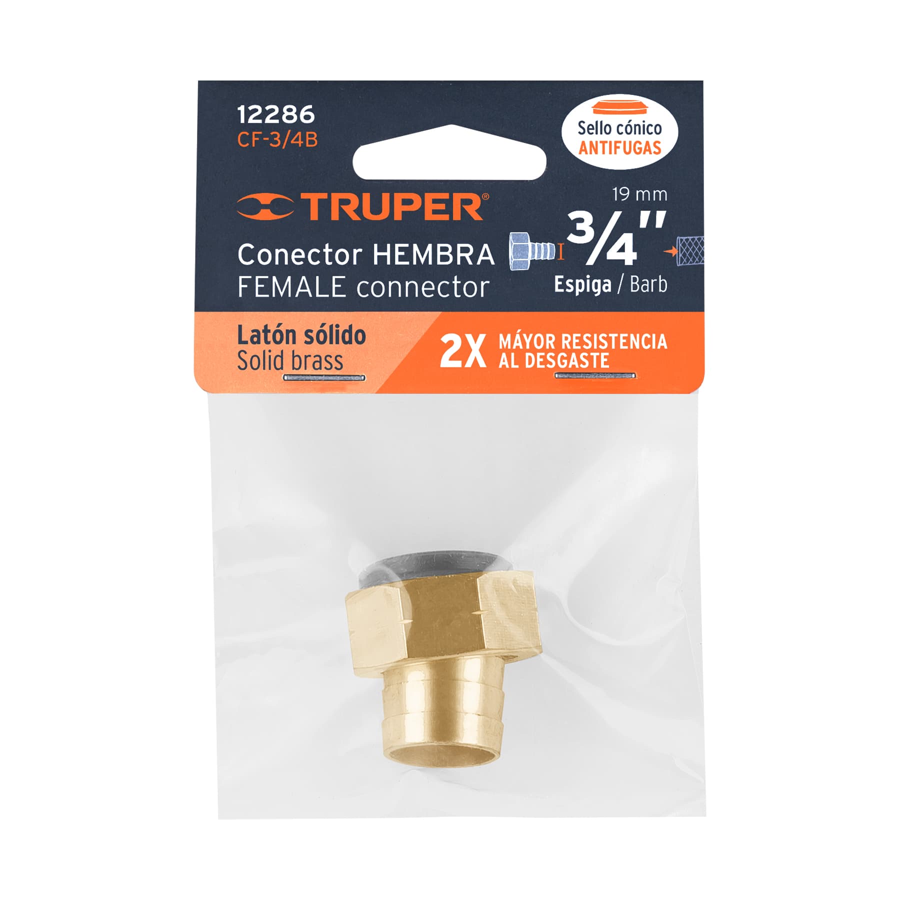 Truper CF-3/4B, Conexión de latón hembra de 3/4″ para manguera, blíster