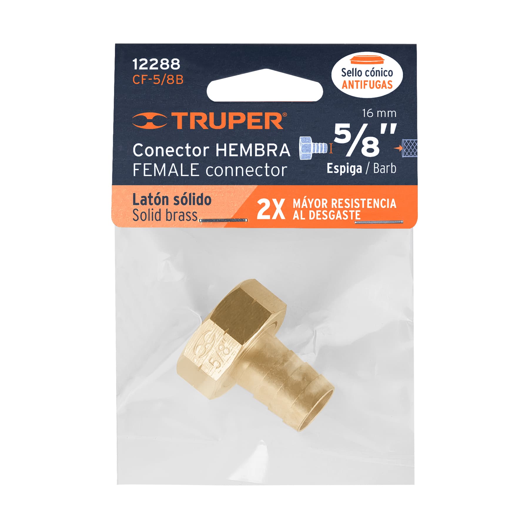 Truper CF-5/8B, Conexión de latón hembra de 5/8″ para manguera, blíster