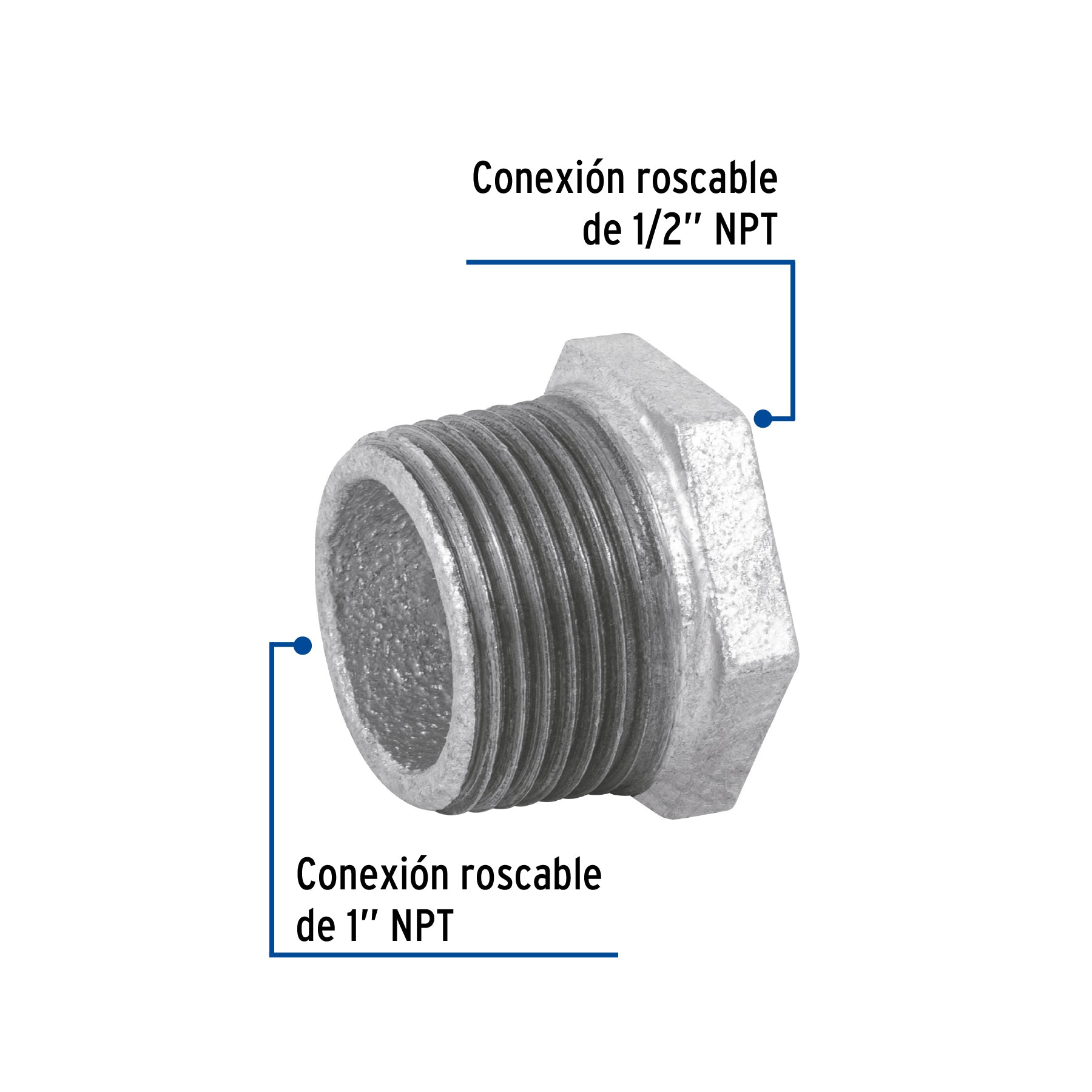 Foset CG-232, Reducción bushing de 1″ x 1/2″, acero galvanizado
