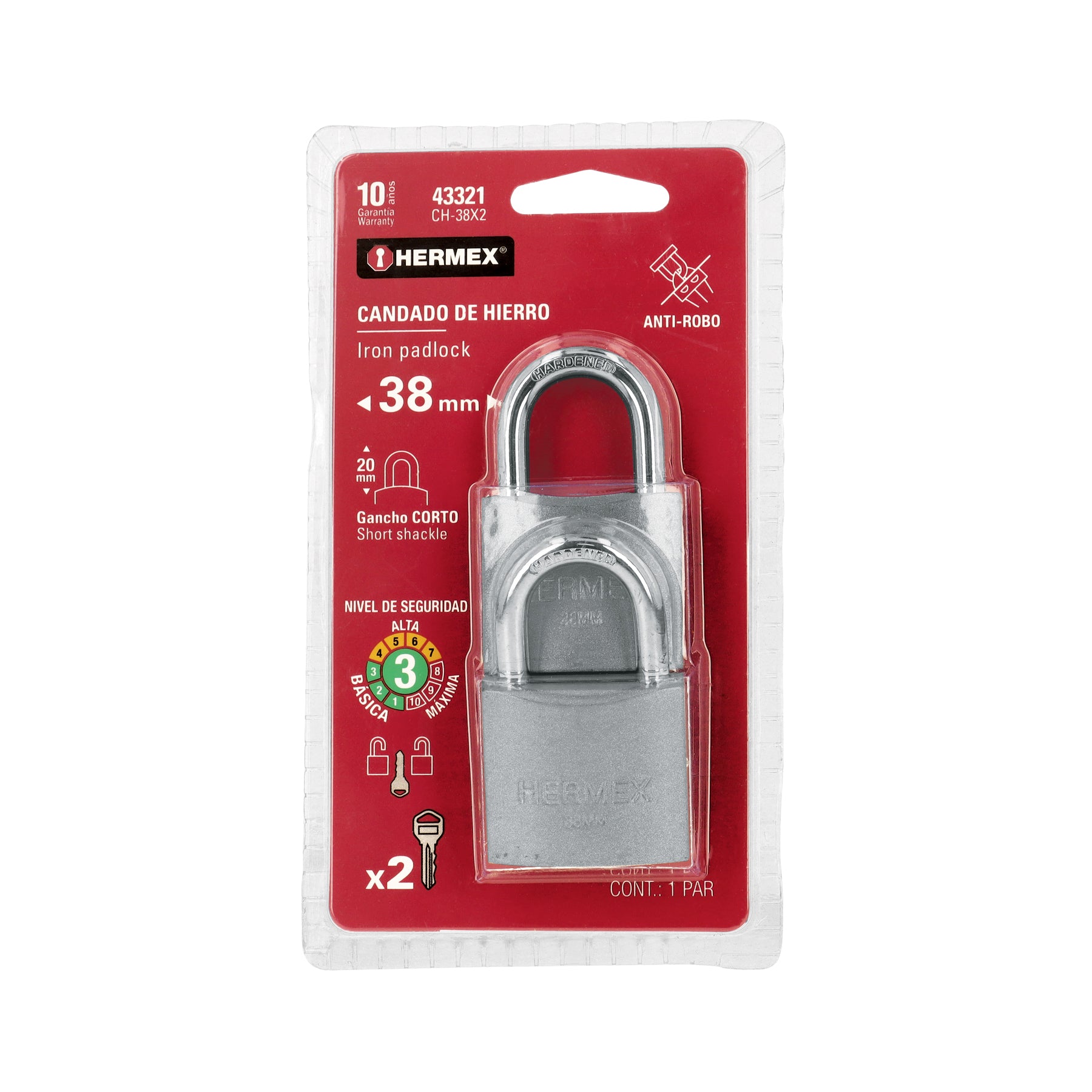 Hermex CH-38X2, Candado gemelo con cuerpo de hierro de 38mm, gancho corto, en blister