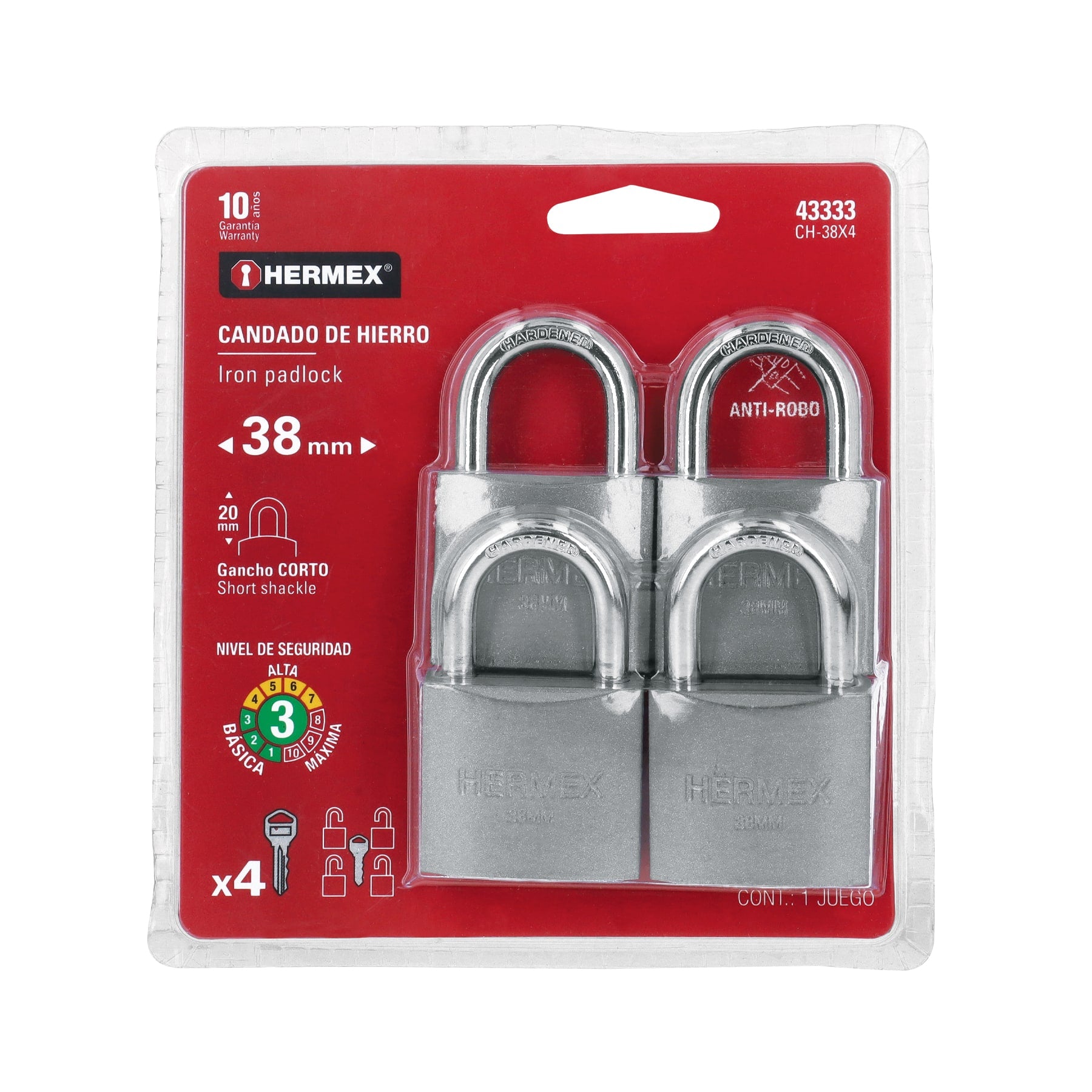Hermex CH-38X4, Juego de 4, cuerpo de hierro, gancho corto, en blister