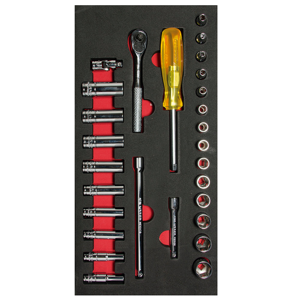 Juego de dados cortos, largos y accesorios cuadro de 1/4"  métricos 28 piezas CH103-C Urrea