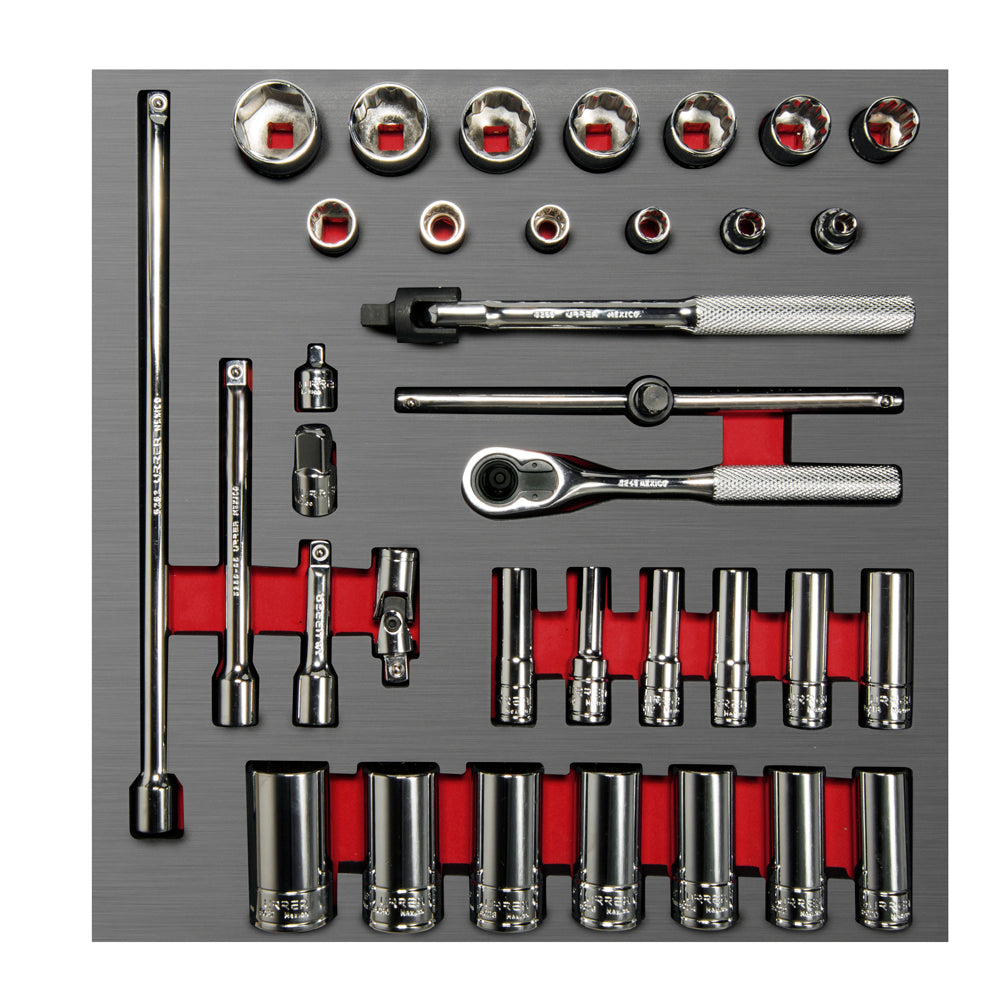 Juego de dados cortos,largos y accesorios cuadro de 3/8" métricos 35 piezas, CH202L-C Urrea
