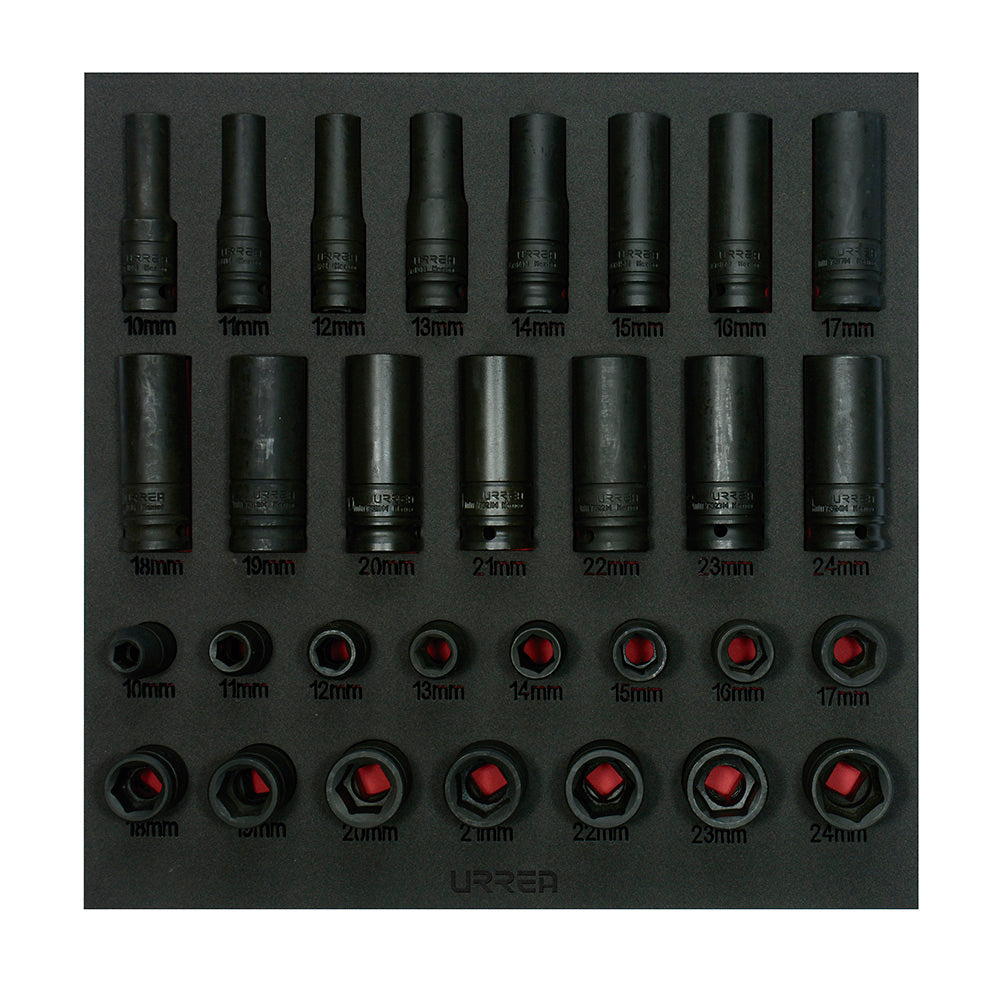 Juego de dados de impacto cortos y largos métricos cuadro de 1/2" 30 piezas, CH219-C Urrea