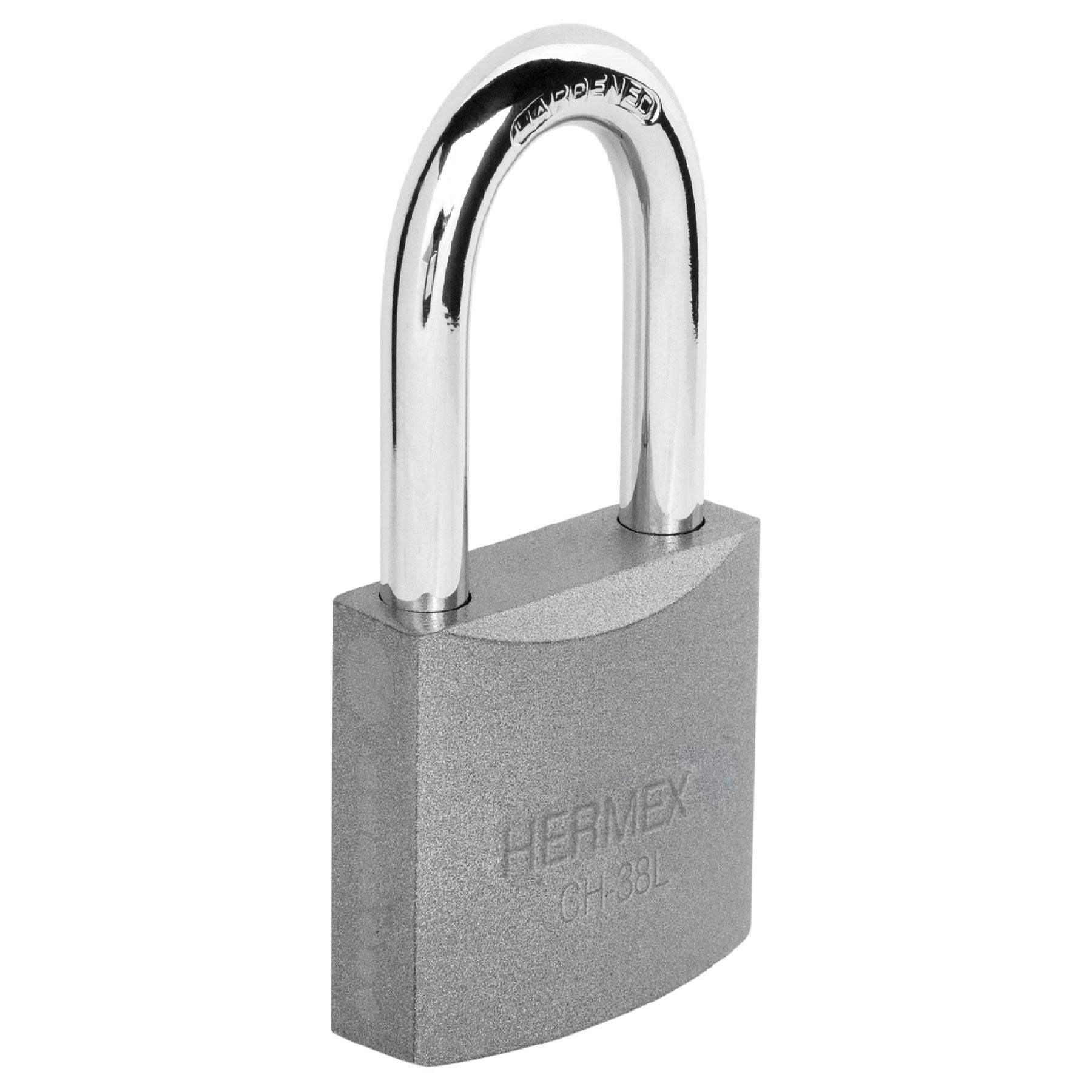 Hermex CHB-38L, Candado de hierro, 38 mm, gancho largo, blíster