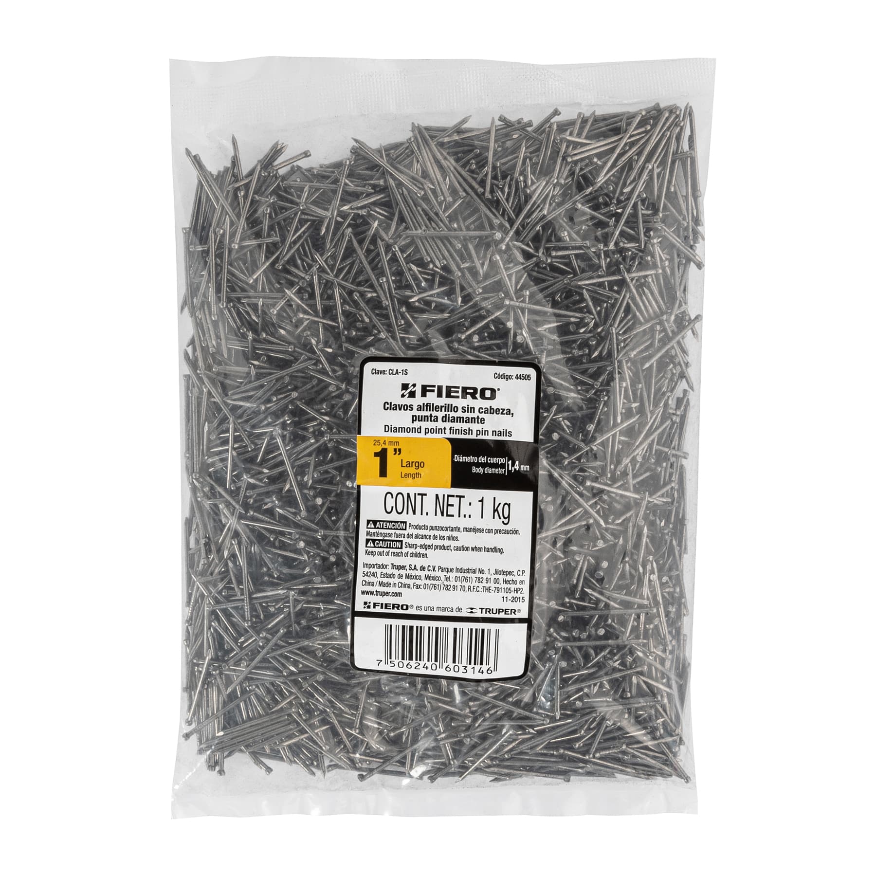 Fiero CLA-1S, Bolsa con 1 kg de clavos alfilerillos de 1″ sin cabeza