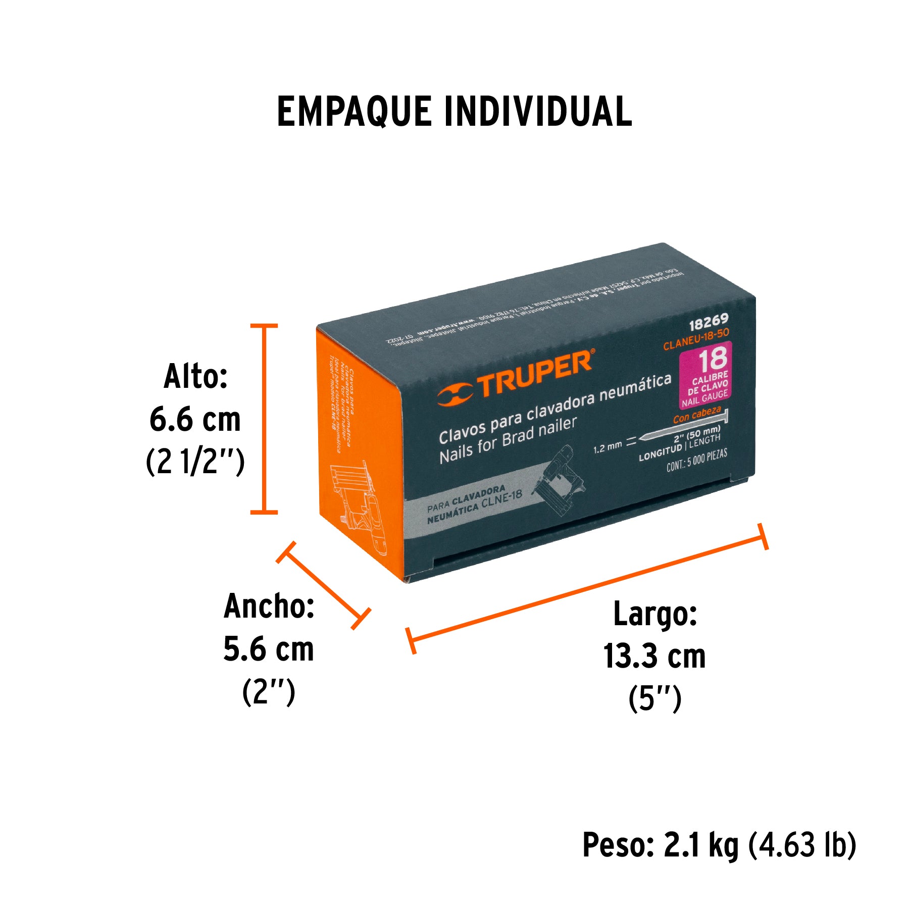 Truper CLANEU-18-50, Clavos para clavadora neumática CLNEU-2, 50 mm, 5, 000 pzas