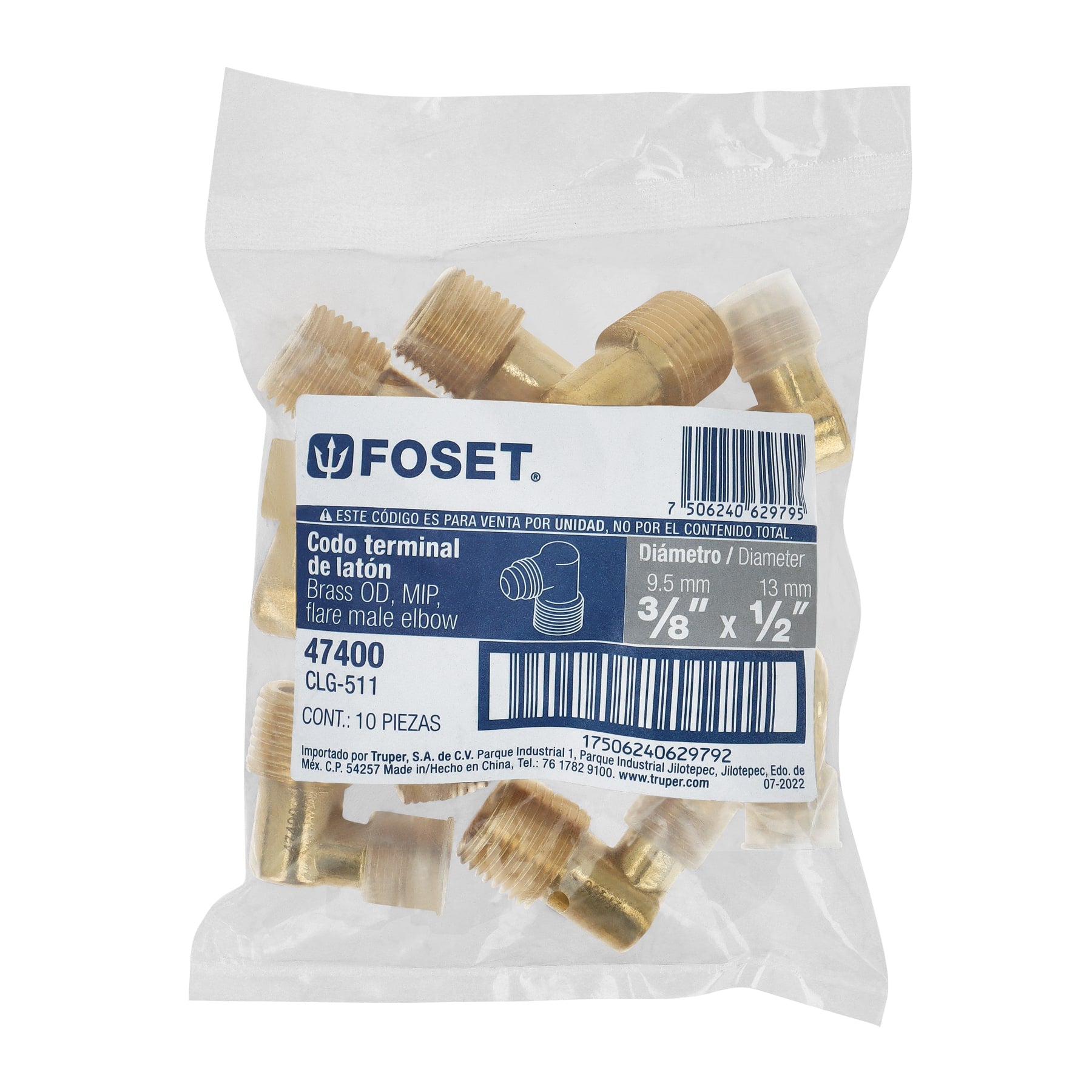 Foset CLG-511, Codo terminal a 90° de 3/8″ x 1/2″, para gas