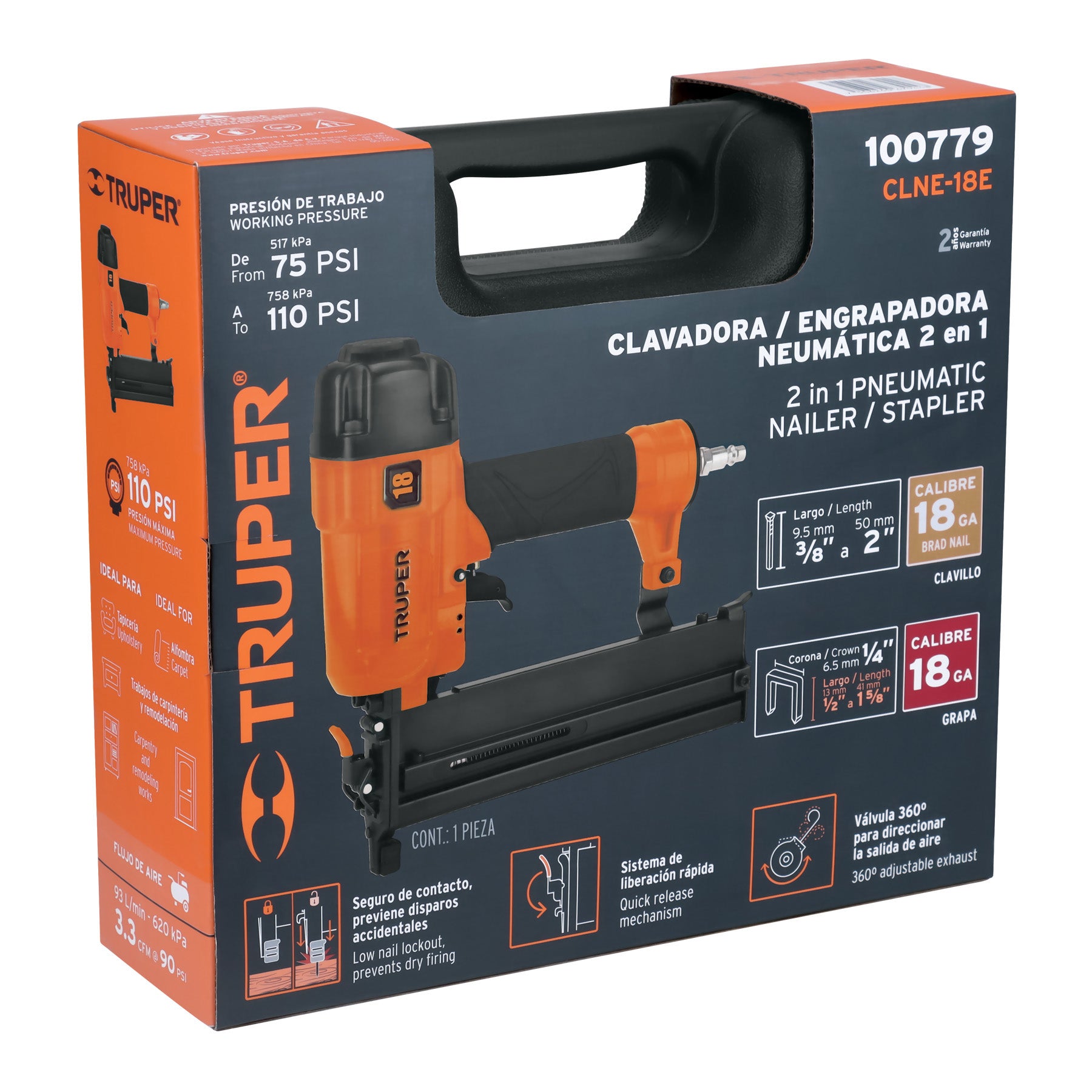 Truper CLNE-18E, Clavadora y engrapadora neumática profesional, calibre 18