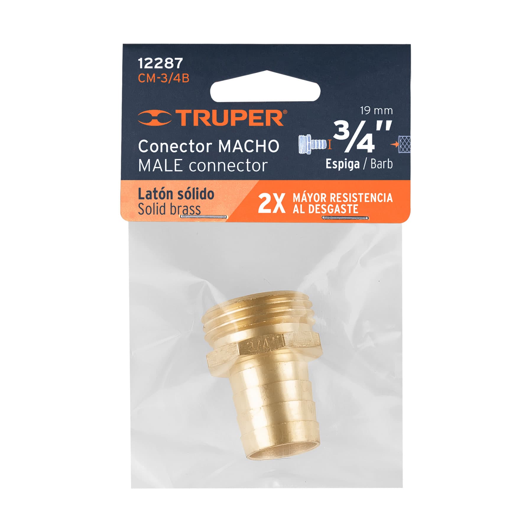 Truper CM-3/4B, Conector de latón sólido, macho, 3/4″