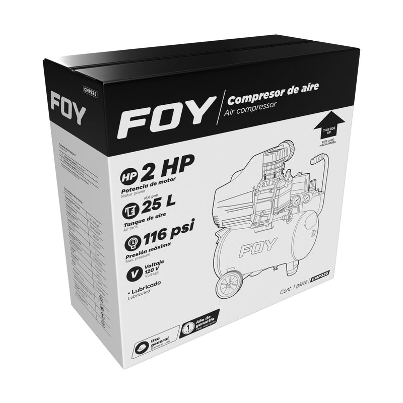 Compresor de aire eléctrico lubricado 25 Lt 2 HP 120 V Foy