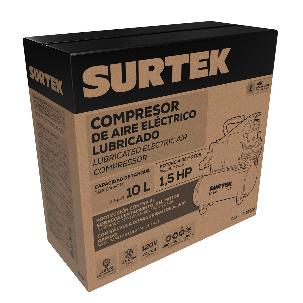 Compresor de aire eléctrico lubricado 10 Lt 1.5 HP, 120 V Surtek