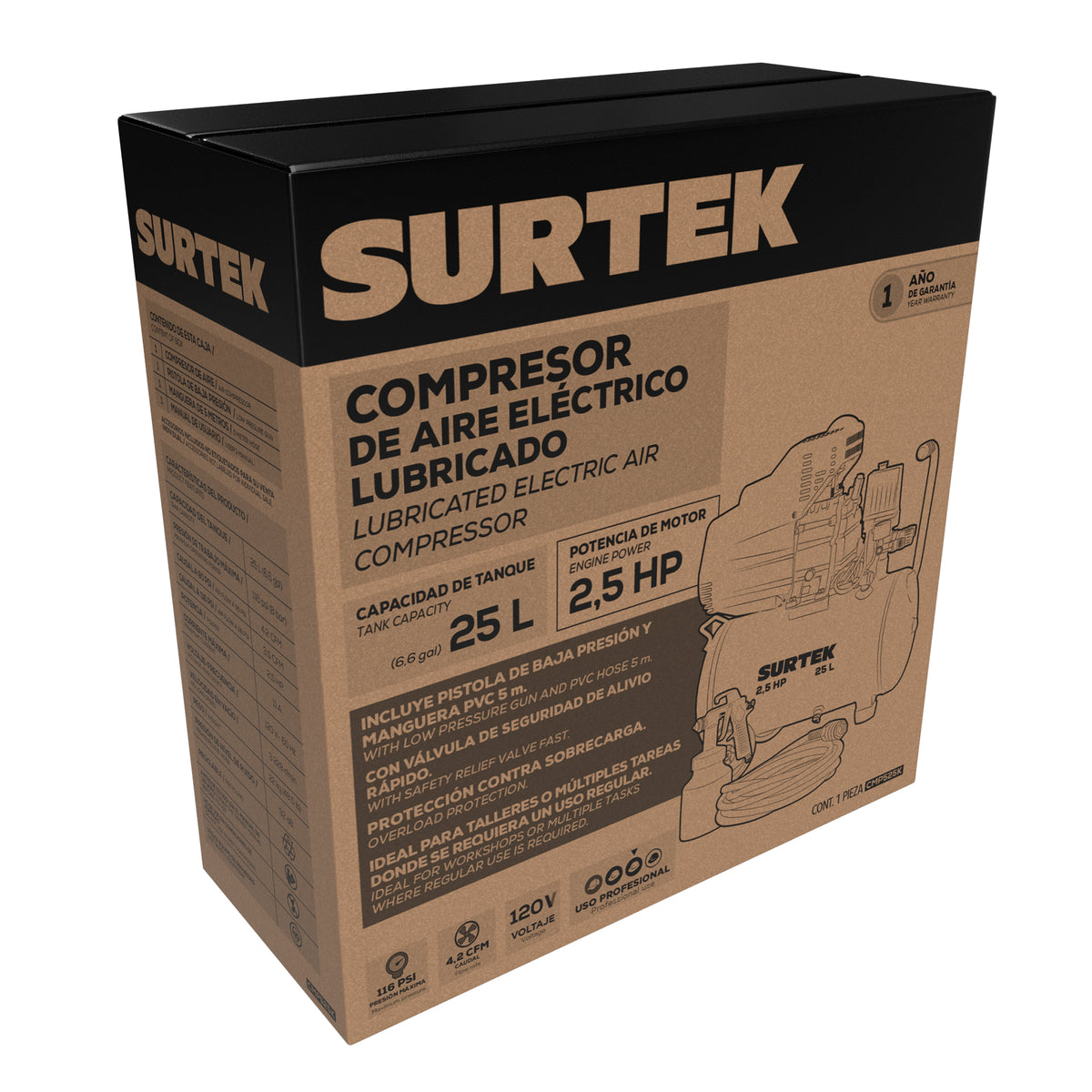 Compresor de aire eléctrico lubricado con pistola y manguera 25 Lt 2.5 HP, 120 V Surtek