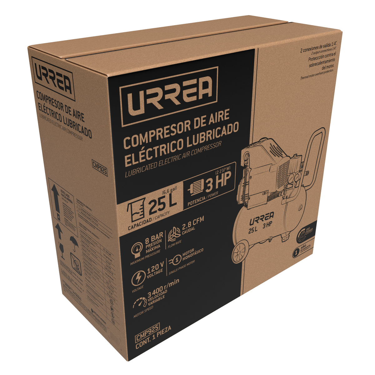 Compresor de aire eléctrico lubricado 25L, 3HP, 120V Urrea