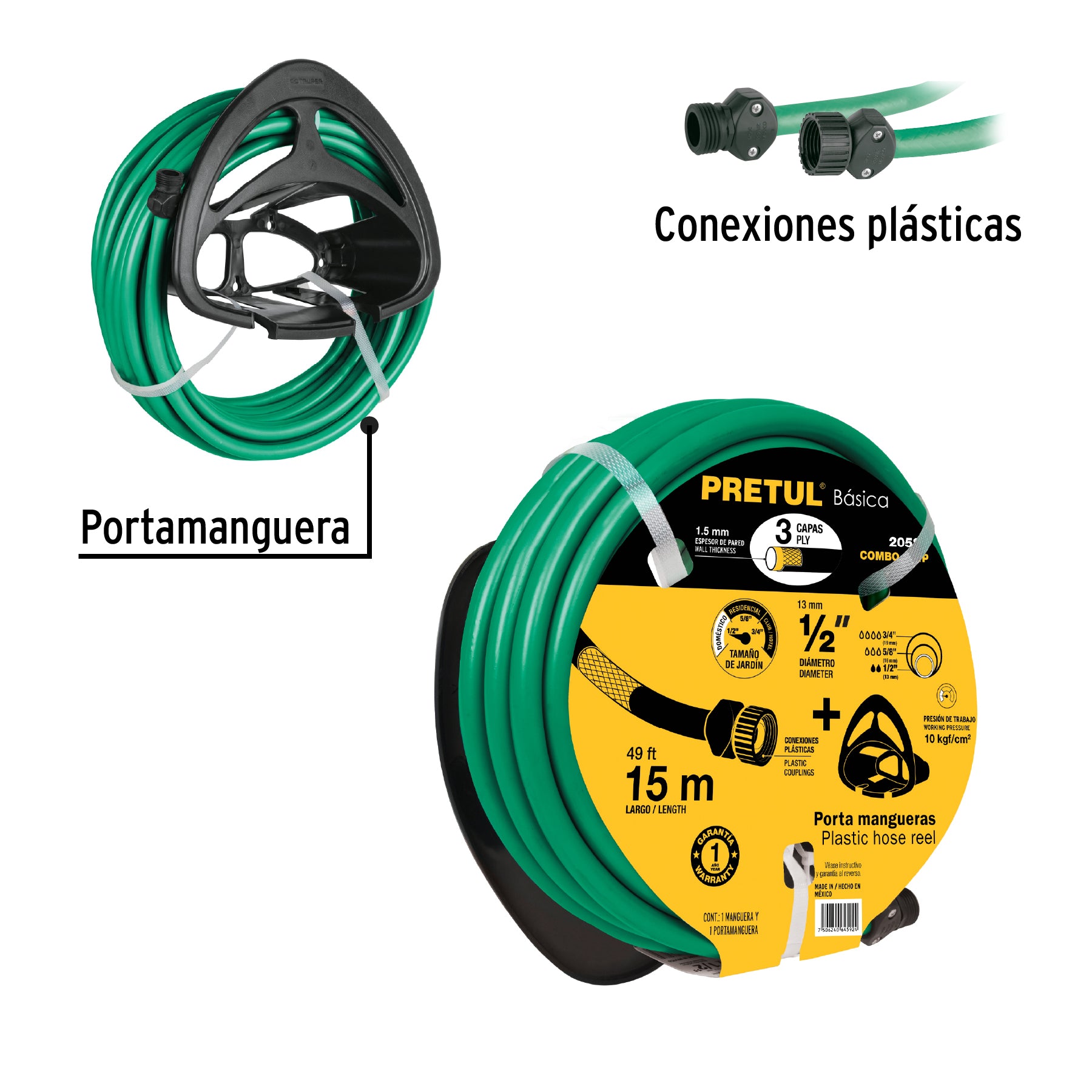 Combo manguera MAN-15X1/2P y portamanguera negro, PRETUL COMBO-201P